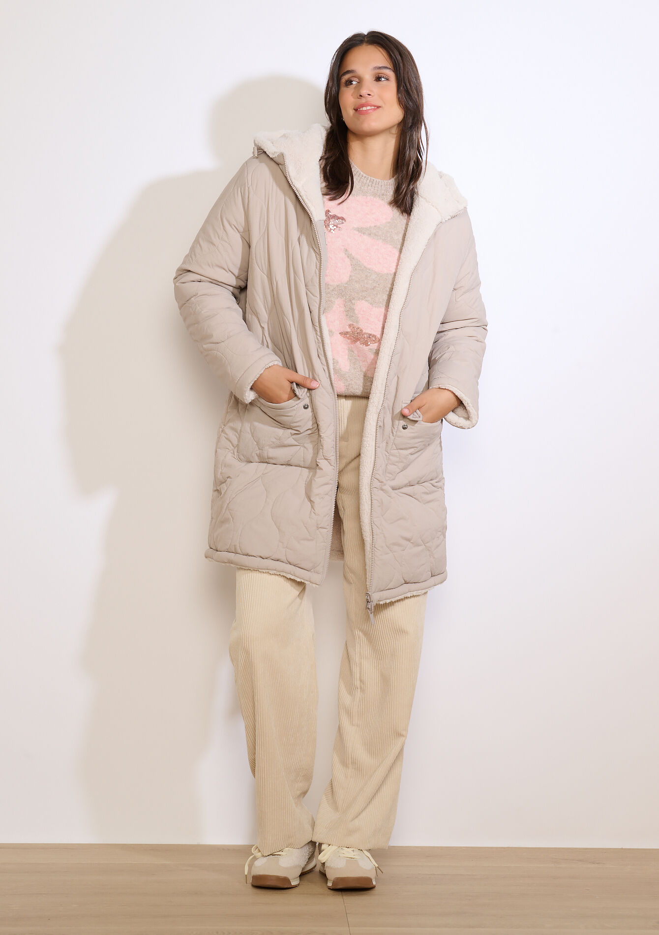 Doudoune réversible longue, Doudoune réversible longue - LIGHT TAUPE - 23000739_2572