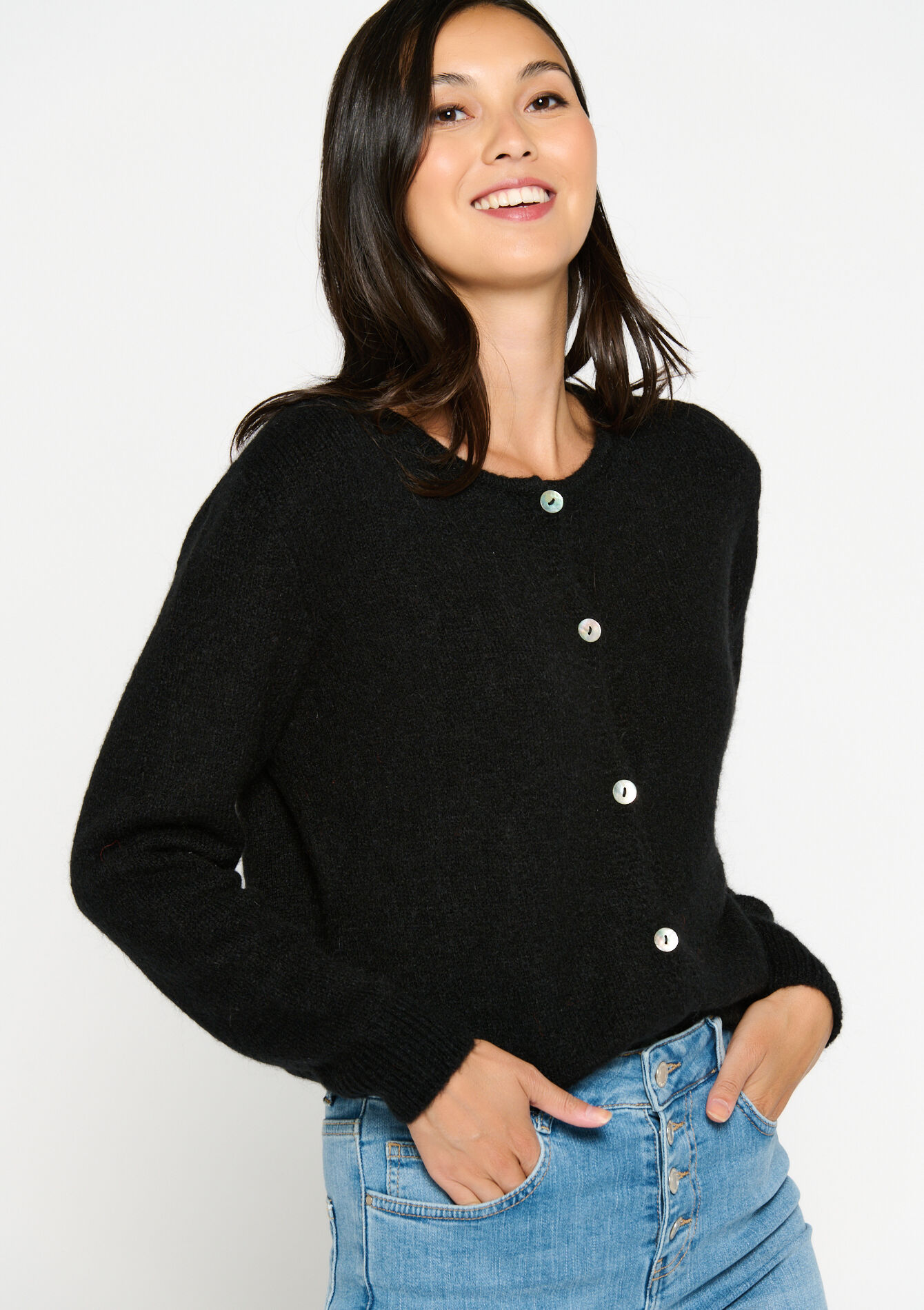 Cardigan with round neck - BLACK - 04101089_1119