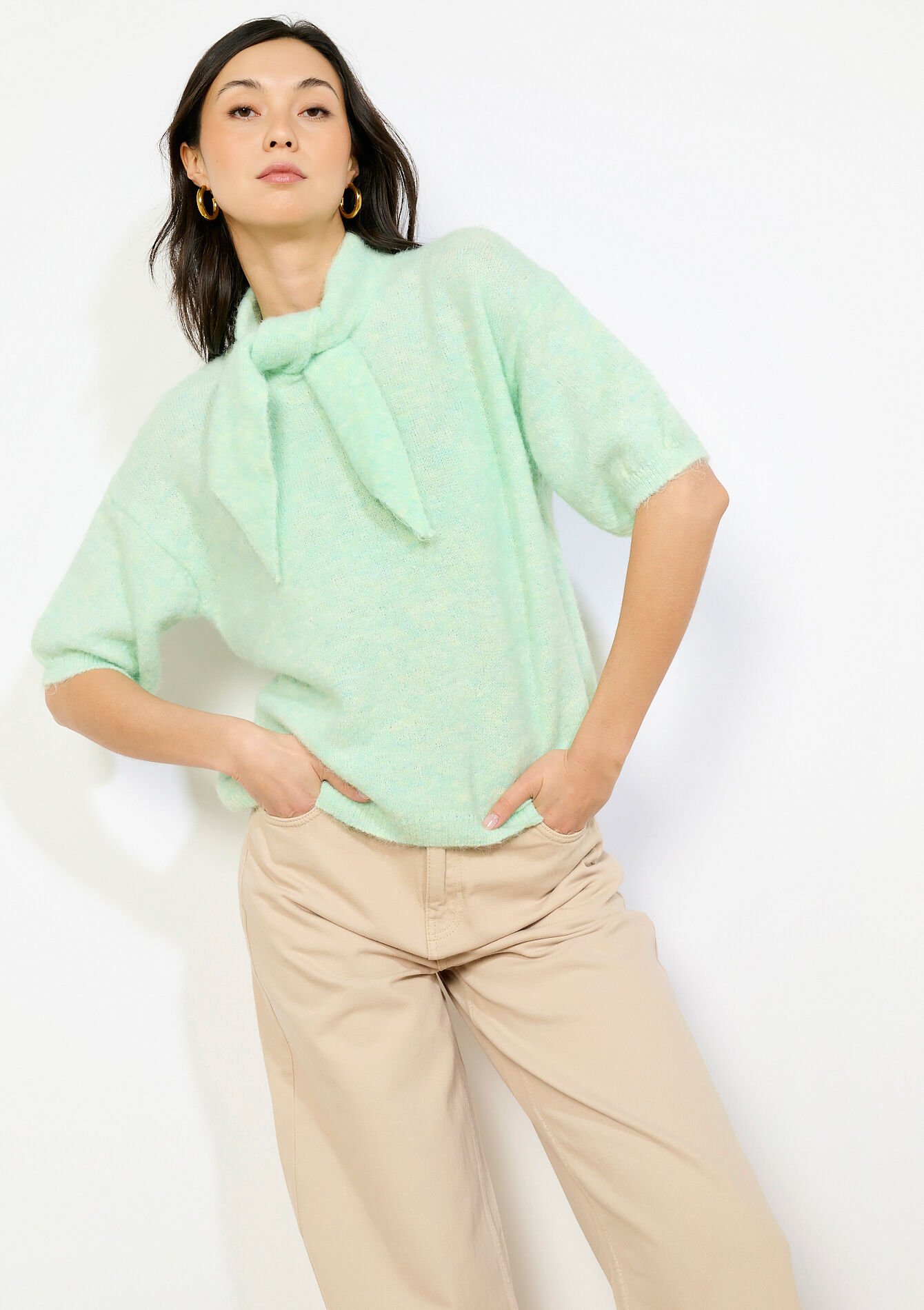 Pull noeud en maille duveteuse, Pull noeud en maille duveteuse - MINT GREEN - 04007228_1723