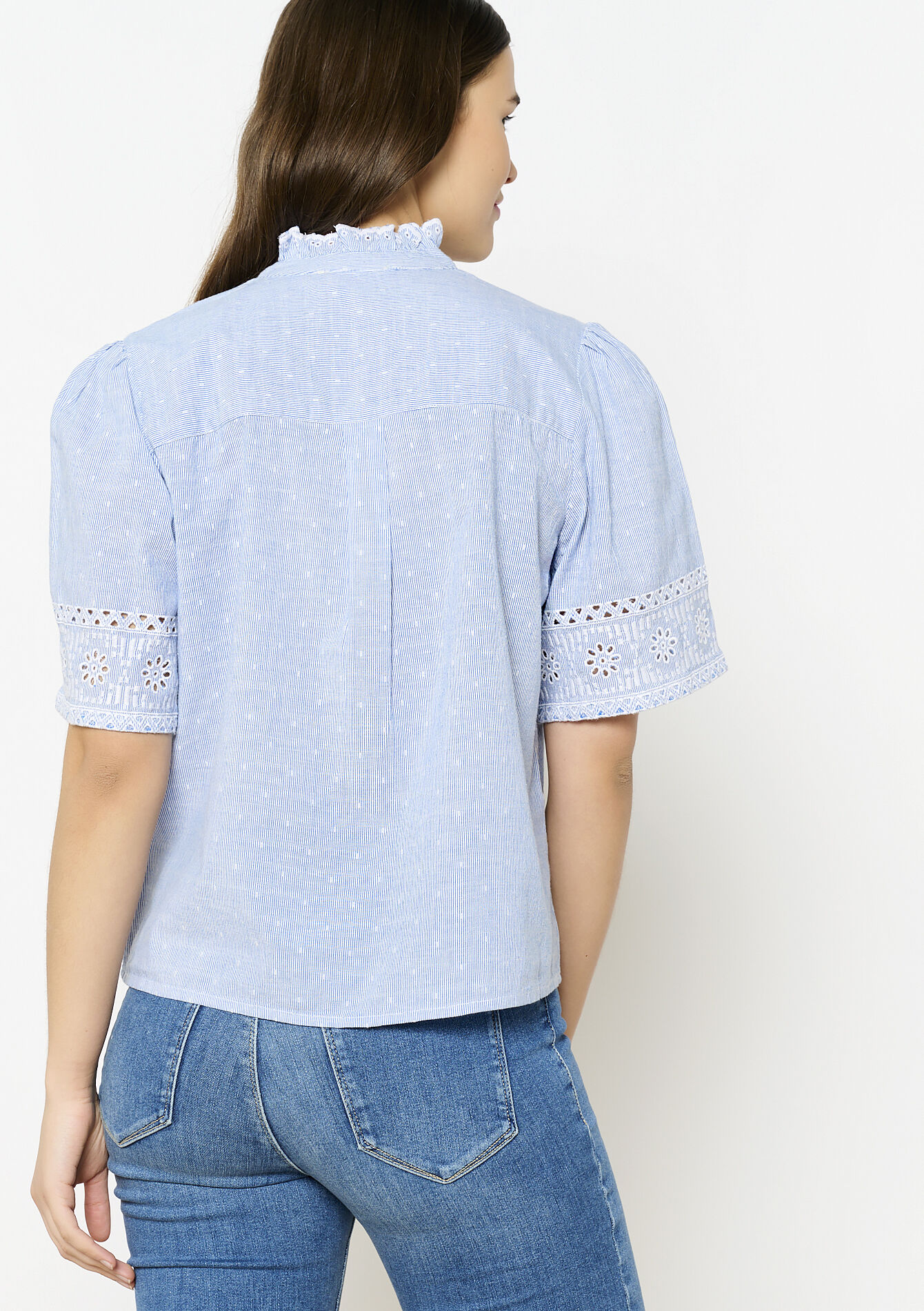 Embroidered cotton blouse, Embroidered cotton blouse - BLUE PASTEL - 1114609