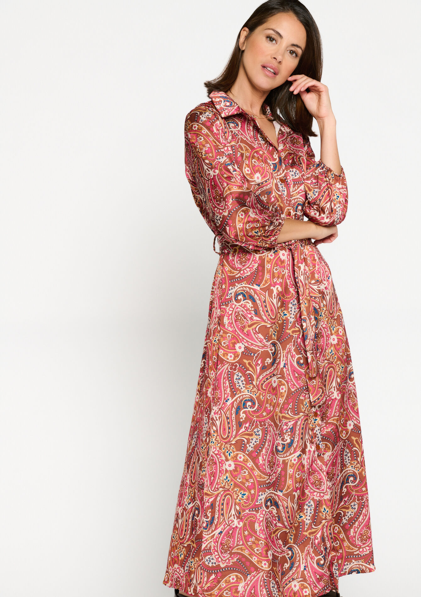 Satin shirt dress with paisley print, Satin shirt dress with paisley print - CAMEL BROWN - 08602185_3818