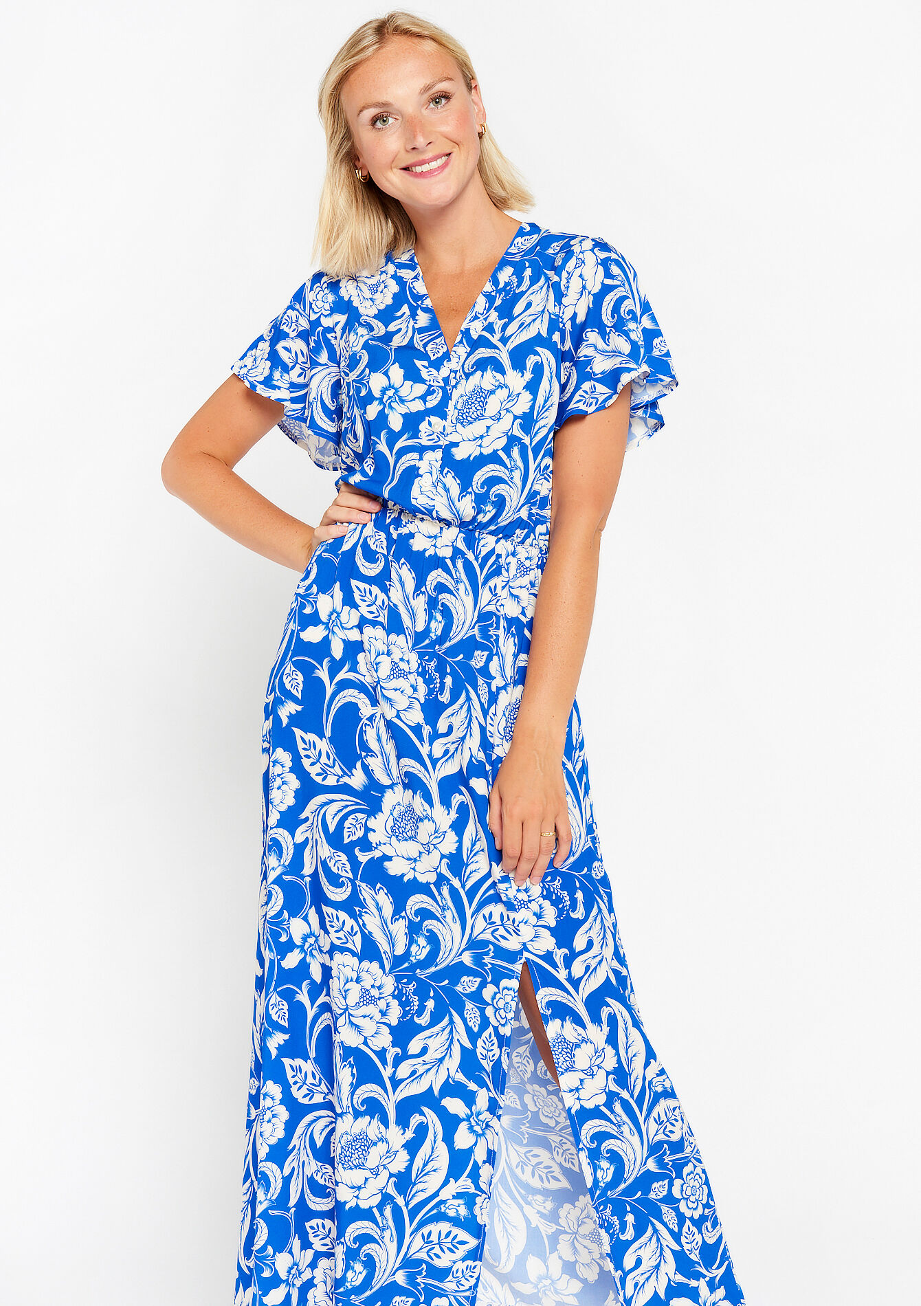 Lange jurk met bloemenprint - ELECTRIC BLUE - 08602151_1619