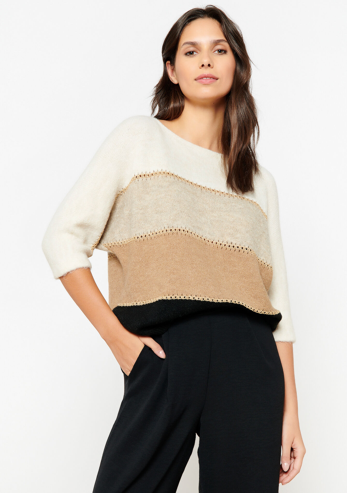 Colourblock pullover with lurex, Colourblock pullover with lurex - CAMEL GINGER - 04006361_3831