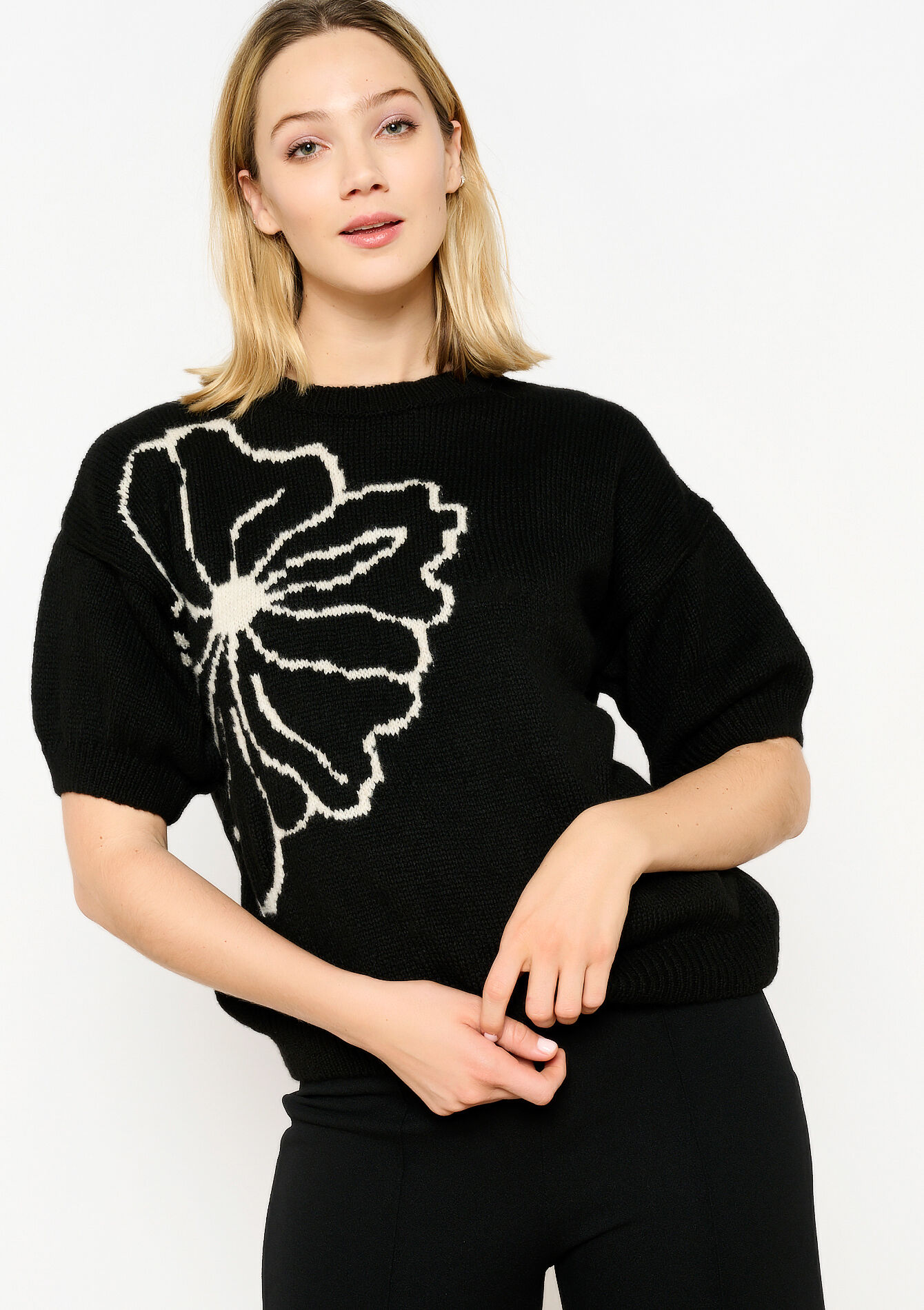 Pullover with flower, Pullover with flower - BLACK - 04006481_1119