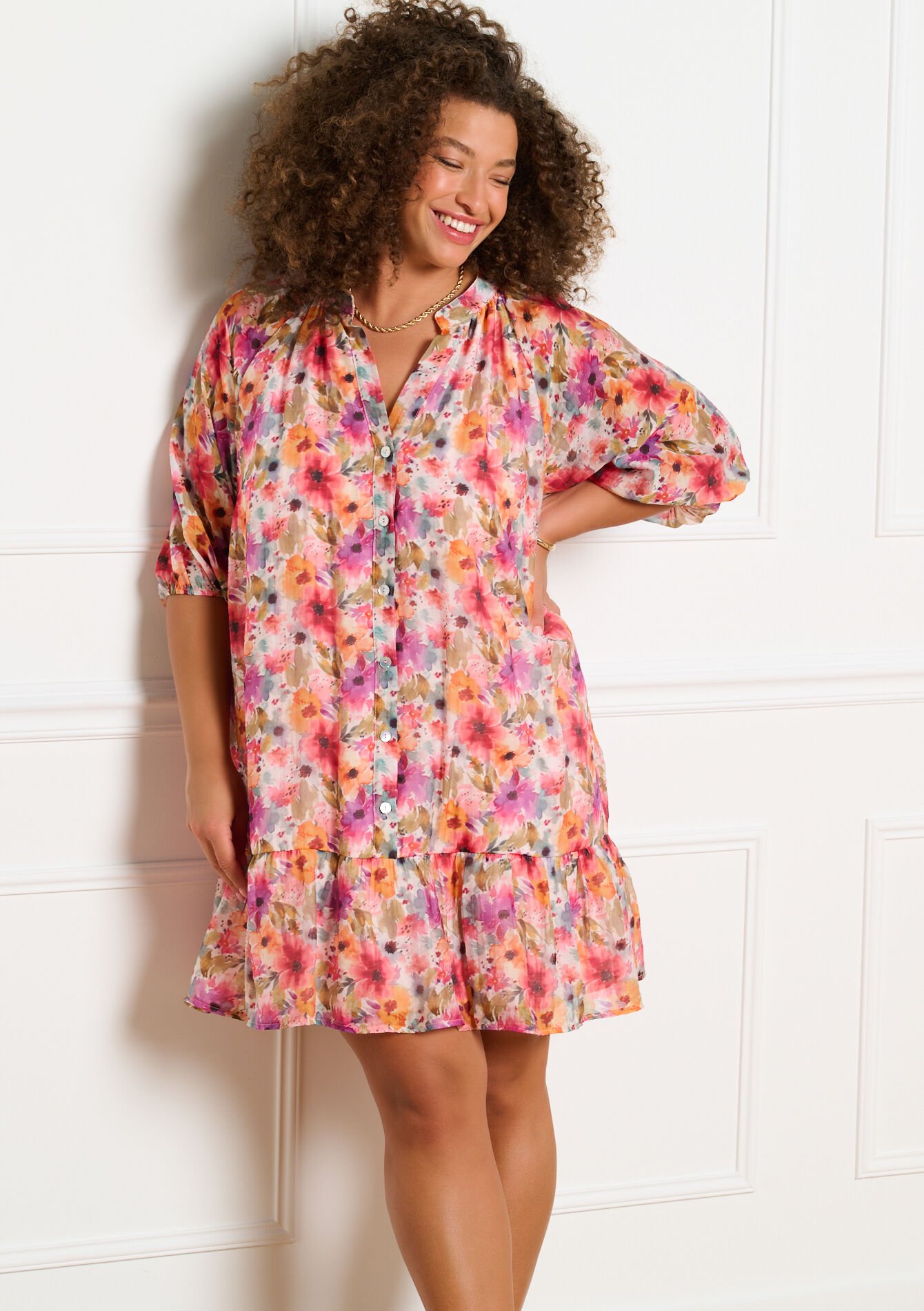 Mini jurk met vloeiende print, Mini jurk met vloeiende print, , back