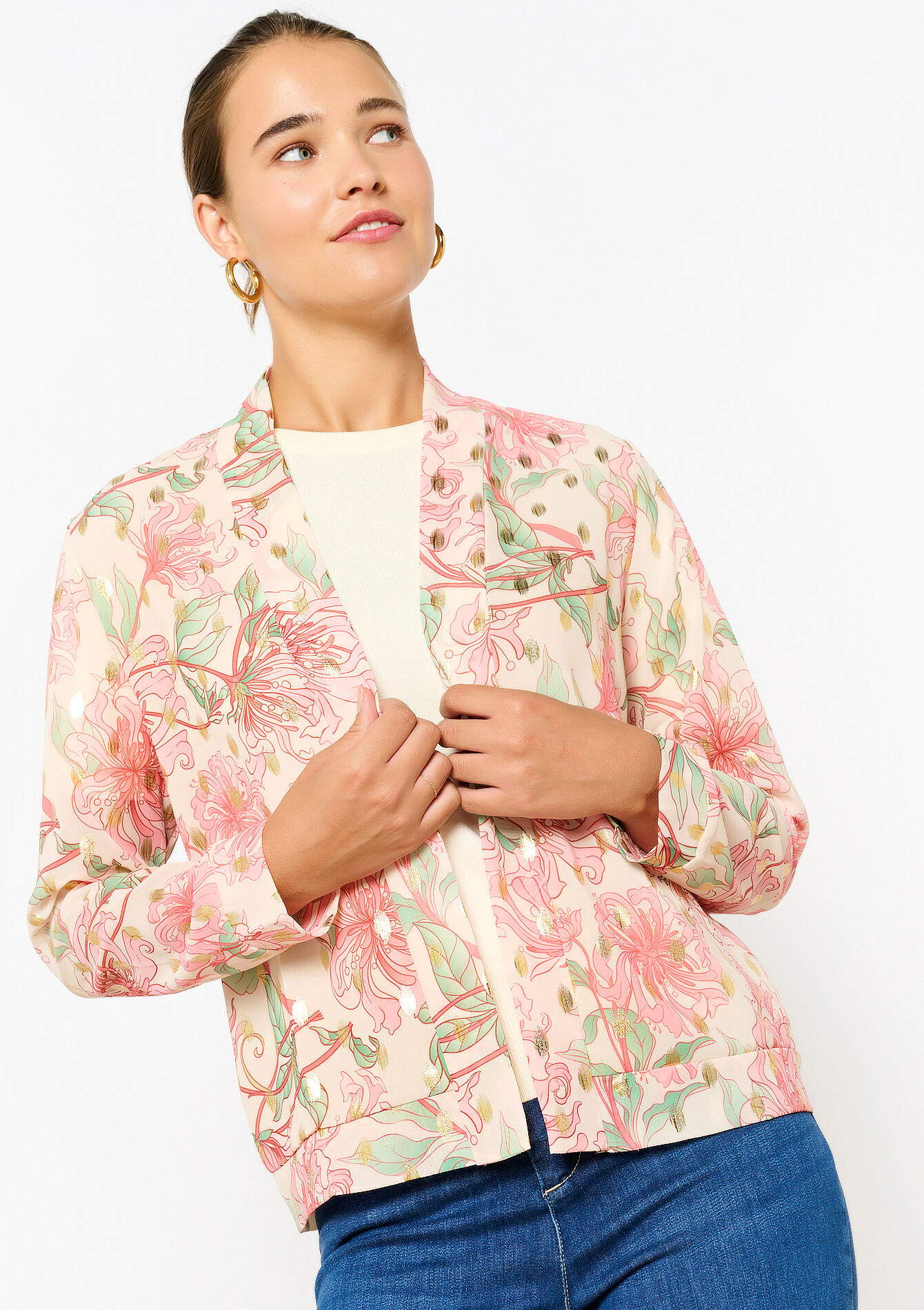 Fluïde jasje met bloemen , Fluïde jasje met bloemen - NUDE PINK - 09100955_1301