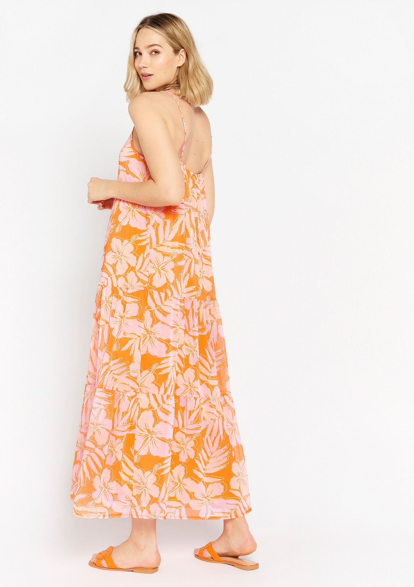 Lange A-lijn jurk met bloemenprint - ORANGE BRIGHT - 08602036_1255