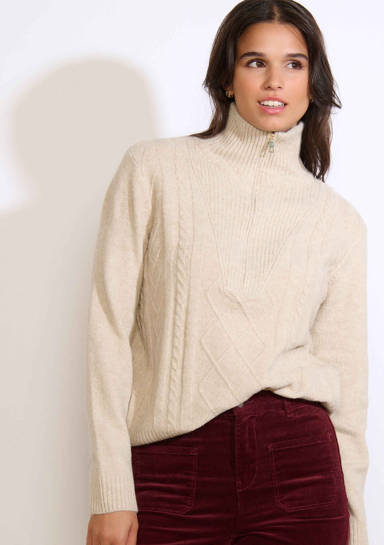 Gebreide trui met rits - LT BEIGE - 04006945