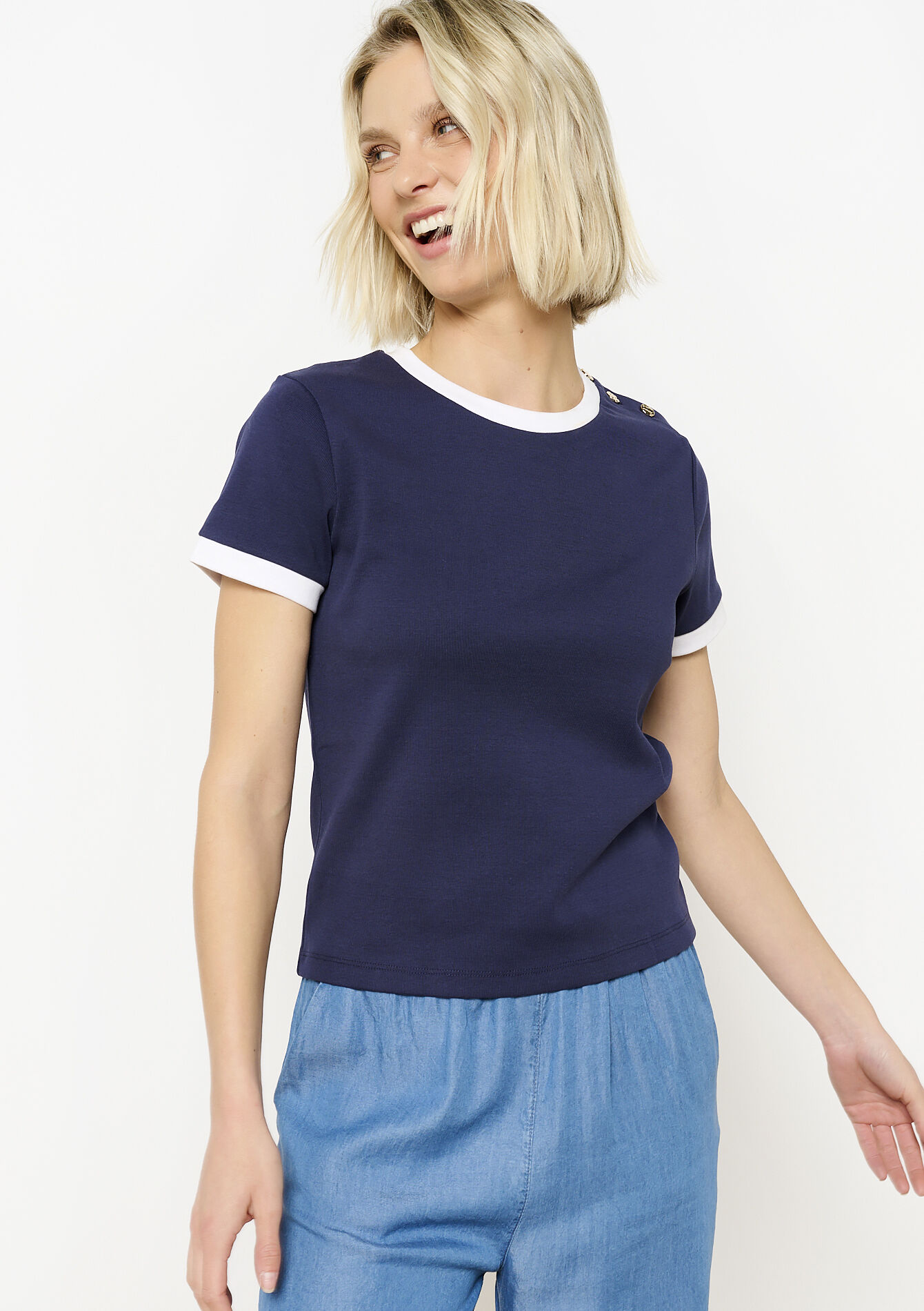 Contrast trim button t-shirt, Contrast trim button t-shirt - NAVY BASIC - 02301713_2723