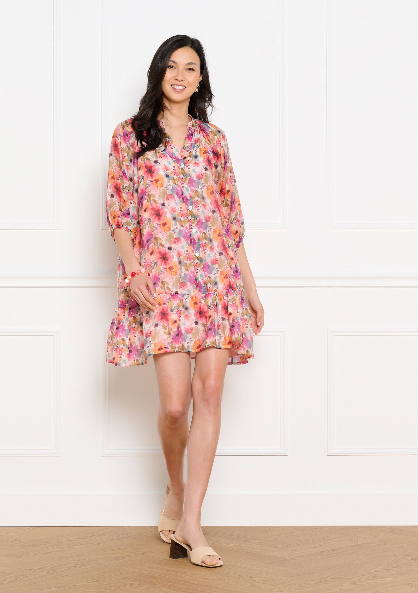 Printed flowy mini dress - ORANGE SPICY - 08104454_5555