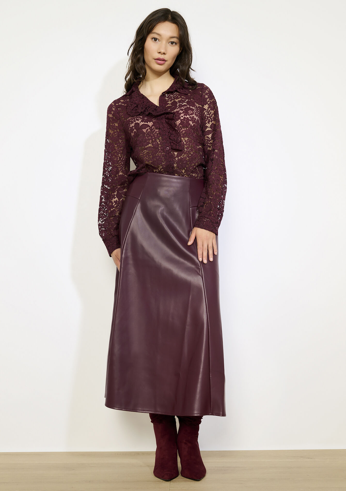 Jupe midi effet cuir - BORDEAUX WINE - 07101415_5514