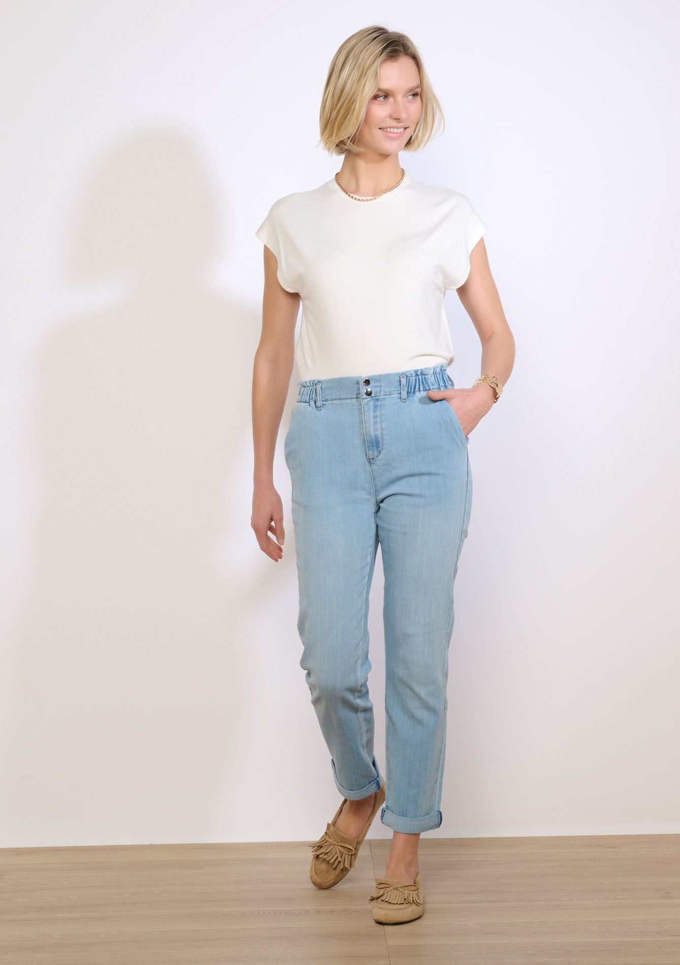 Rechte jeans met paperbag taille - BLUE BLEACHED - 22000646_0502