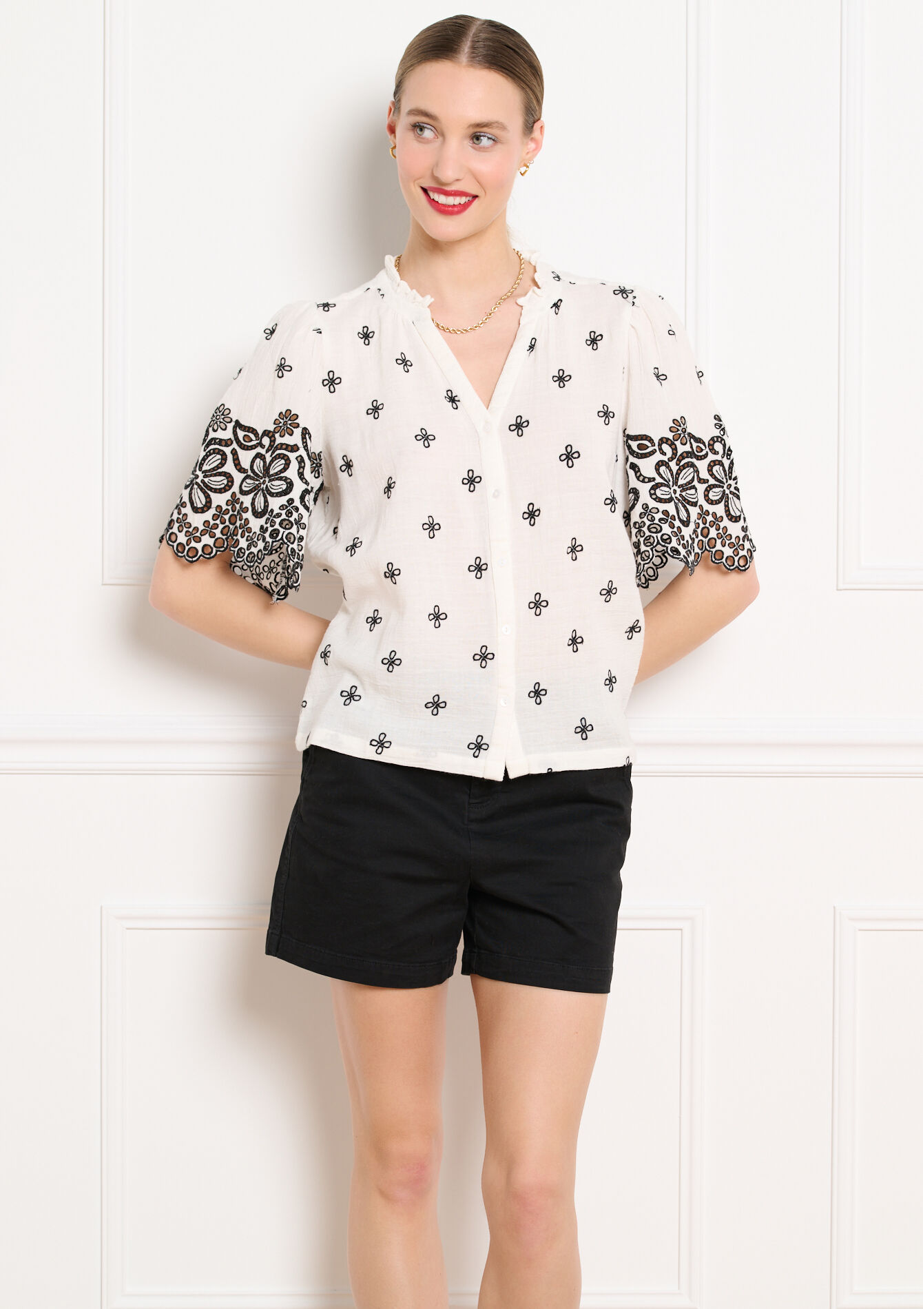 Geborduurde blouse korte mouwen - OFFWHITE - 05702948_1001