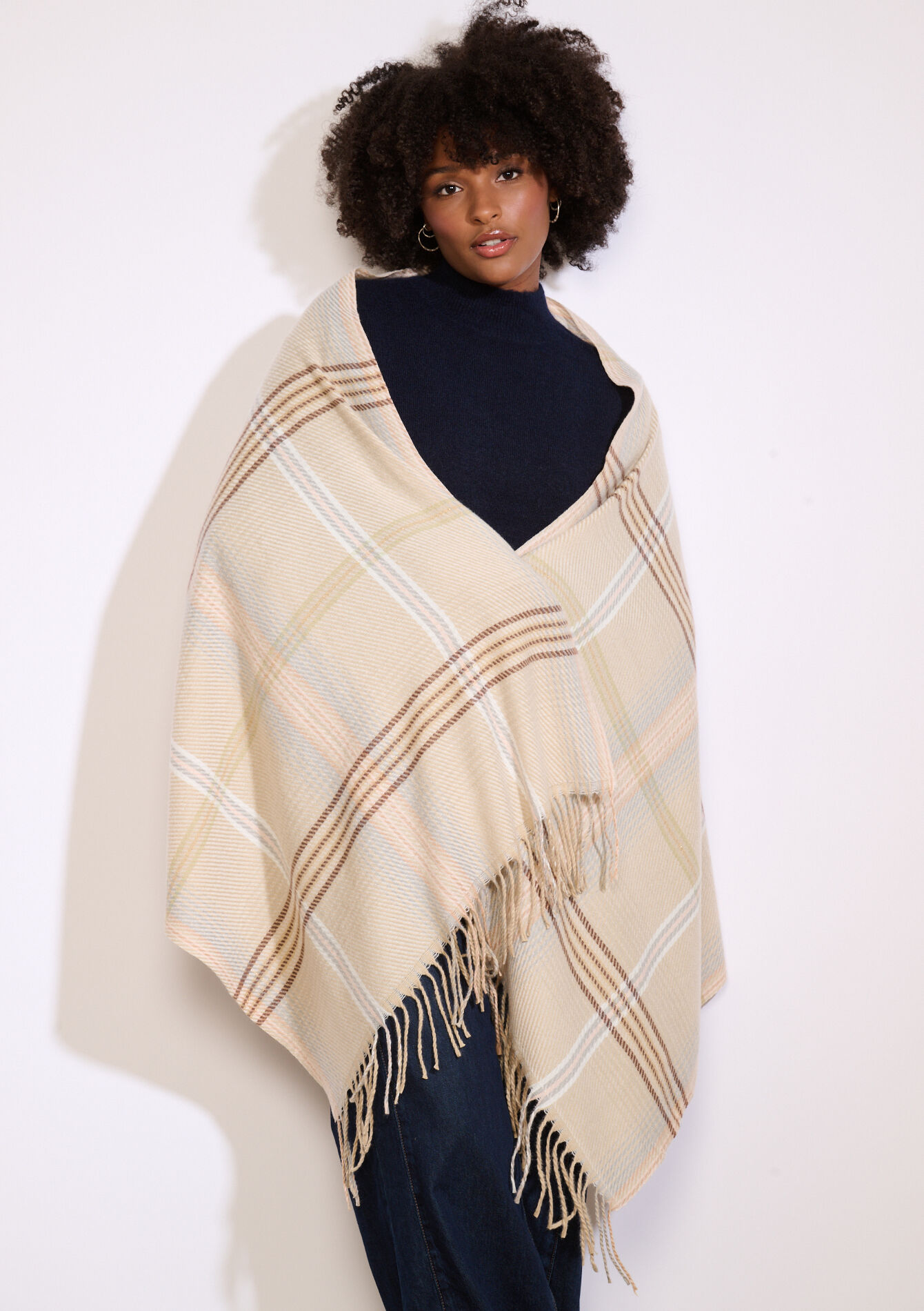 Geruite sjaal met lurex, Geruite sjaal met lurex - LT BEIGE - 17101373_2527