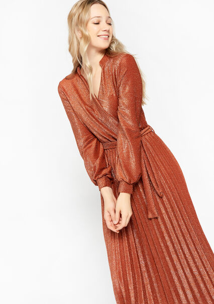 Wrap dress with pleating - CARAMEL - 08103092_1953
