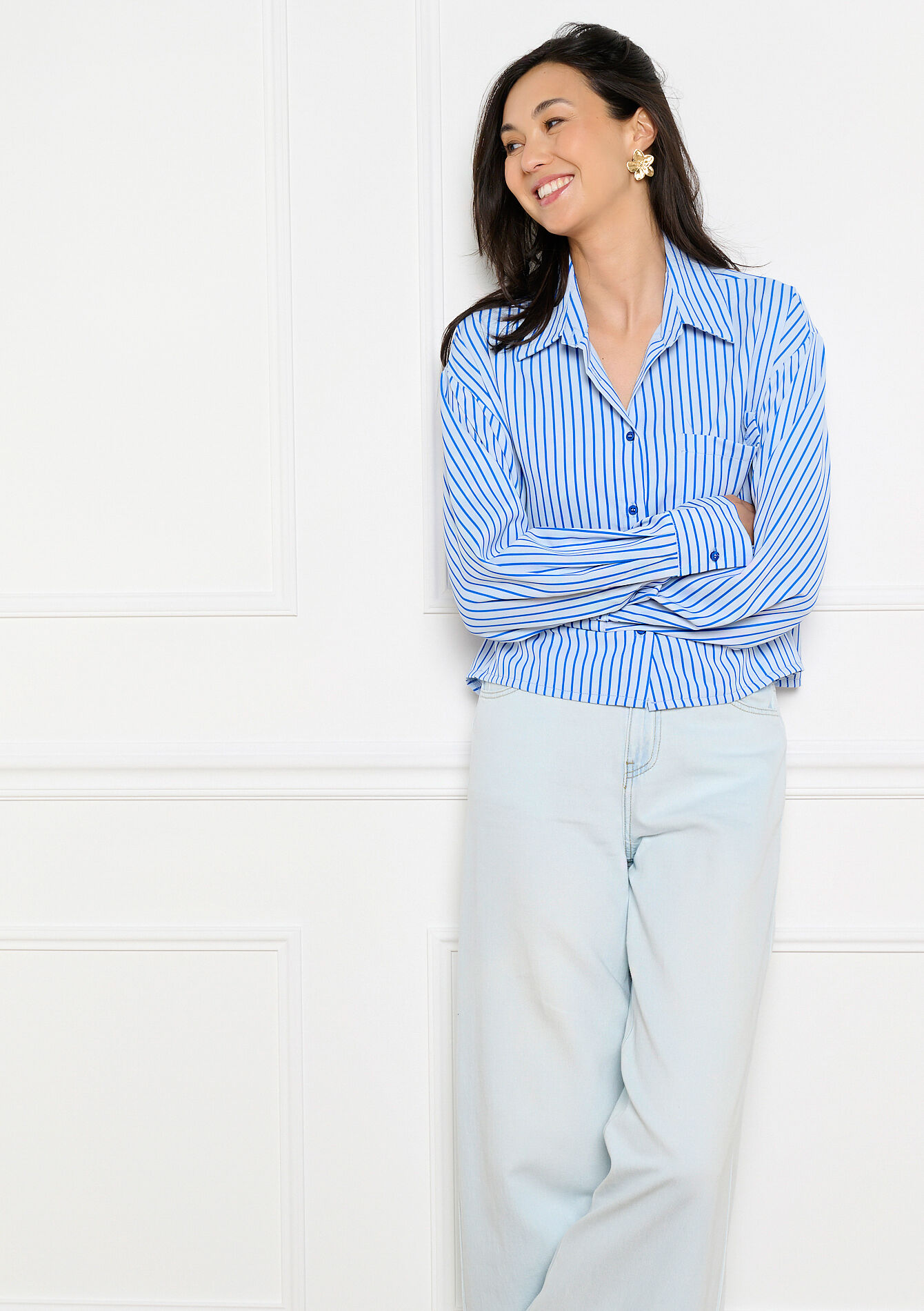 Cropped gestreept poplin hemd - BLUE PASTEL - 05703040_3003