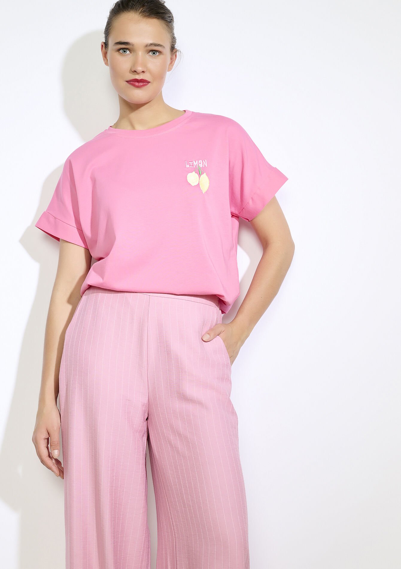 T-shirt met citroenborduursel, T-shirt met citroenborduursel - PINK BUBBLEGUM - 02301872_1477
