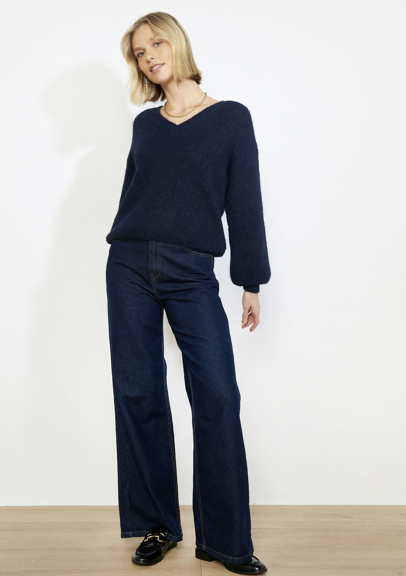 Textured v-neck sweater, Textured v-neck sweater - NAVY BASIC - 04007156_2723