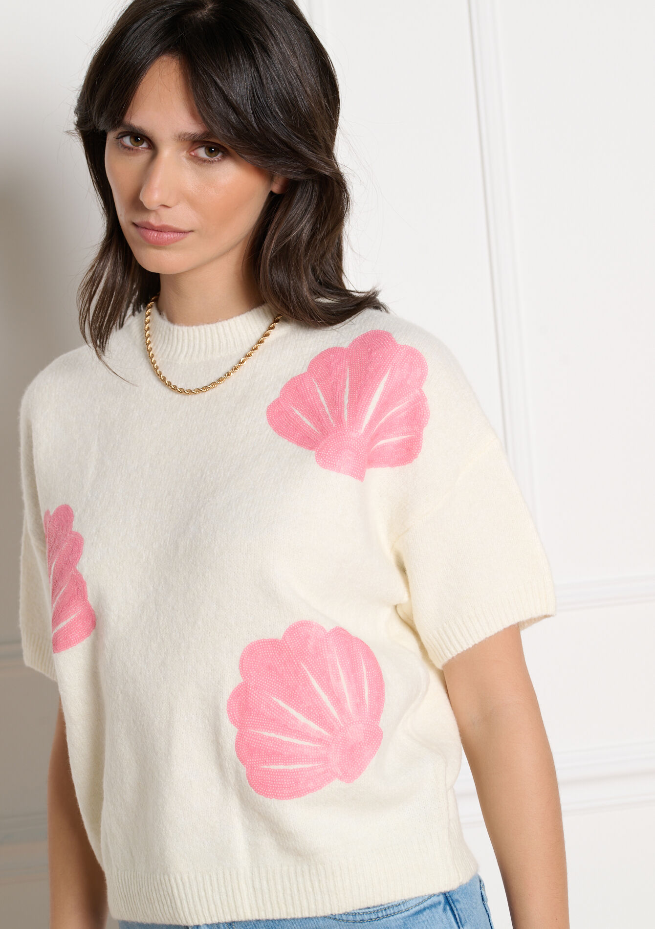 Trui met schelpen en pailletten - VANILLA WHITE - 04007173_1013