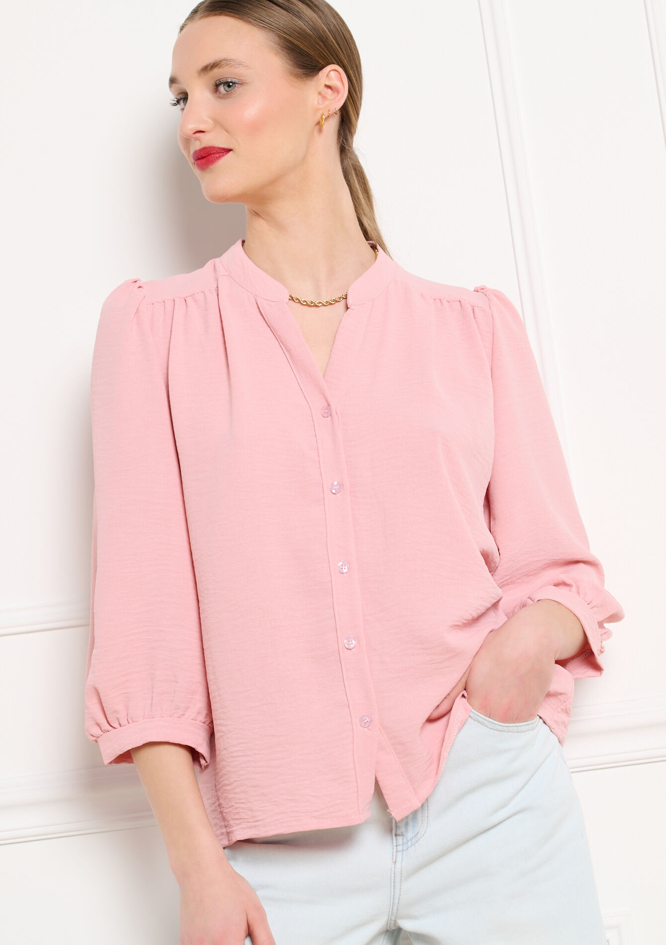 Vloeiende blouse met V-hals, Vloeiende blouse met V-hals - LIGHT PINK - 05703042_1303