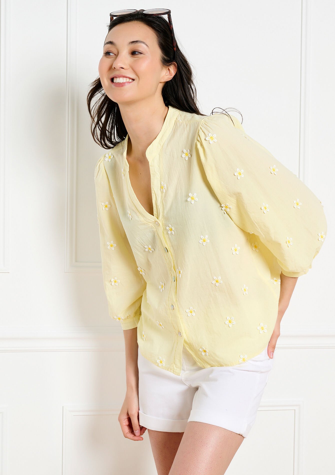 Geborduurde blouse met ballonmouwen, Geborduurde blouse met ballonmouwen - YELLOW PASTEL - 05703075_5004