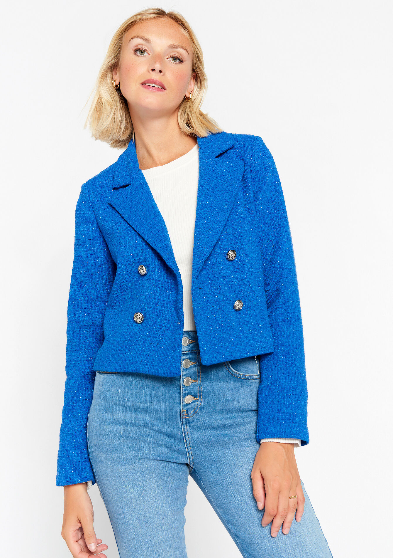 Korte tweed blazer, Korte tweed blazer - ELECTRIC BLUE - 09100825_1619