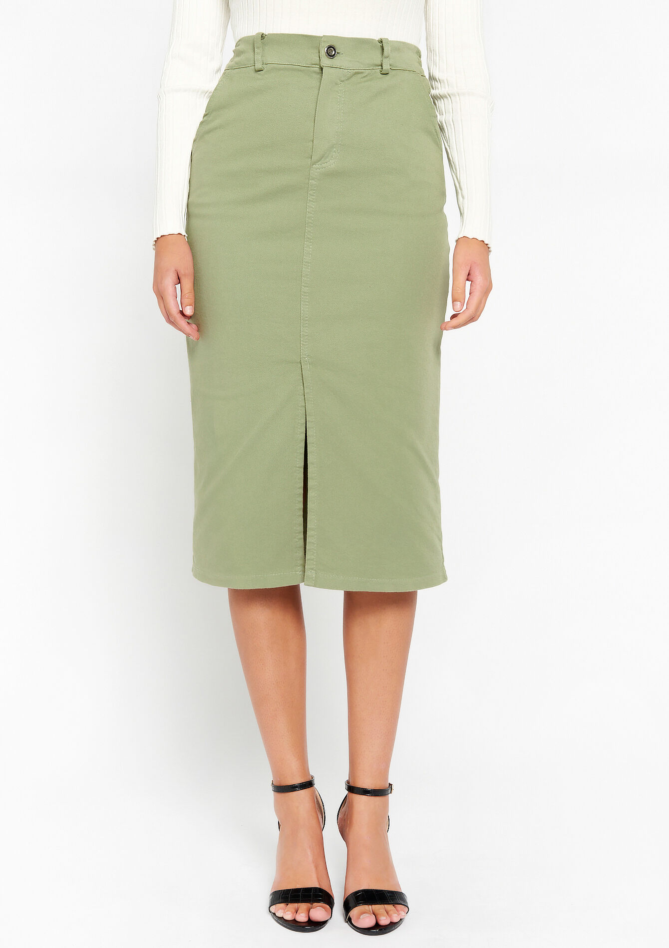 Jupe mi-longue en denim - KHAKI MED - 07101147_4327