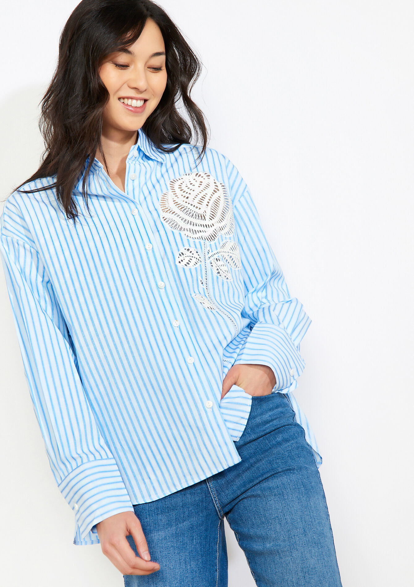 Gestreept overhemd met borduursel - BLUE PASTEL - 05703030_3003