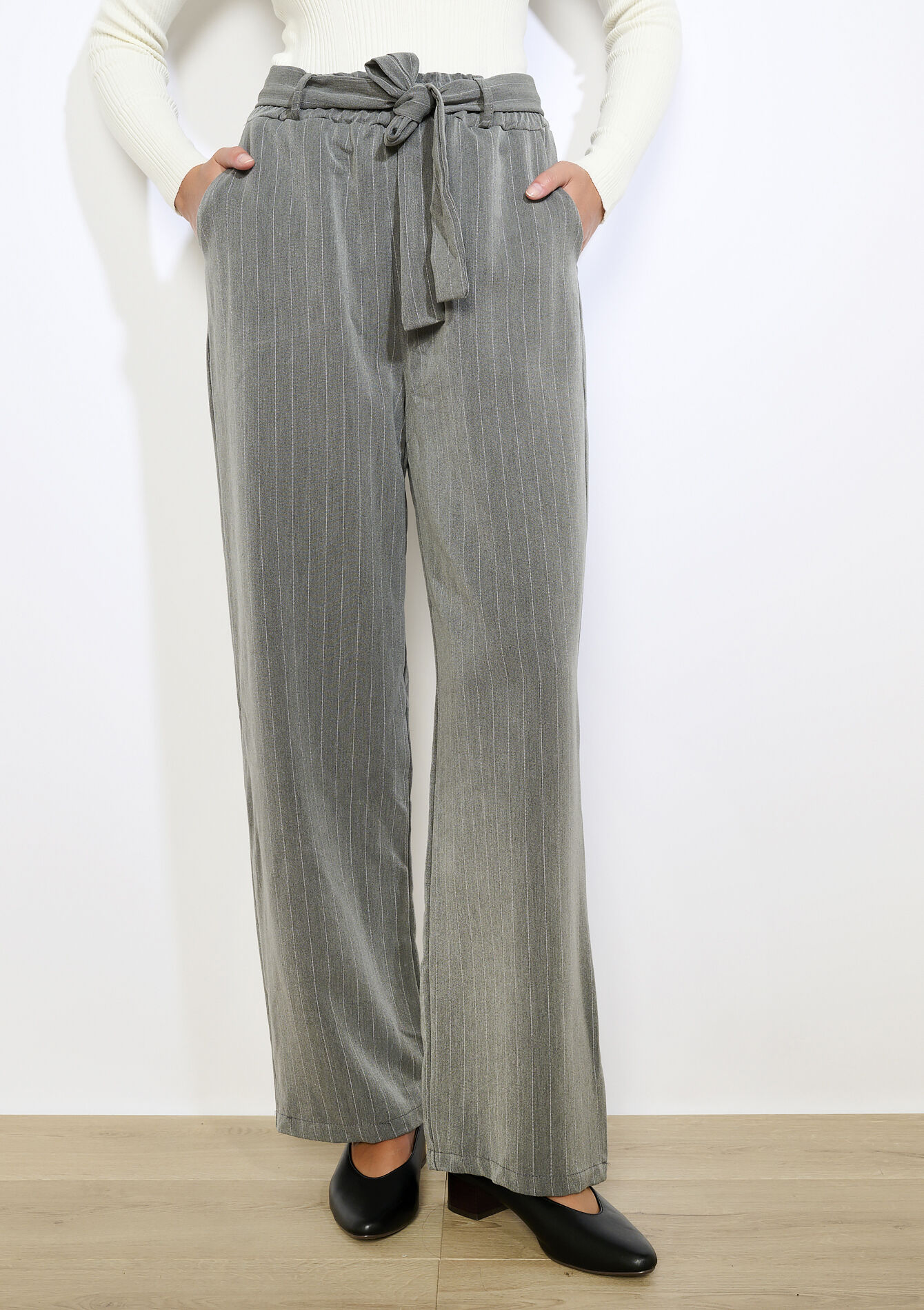 Gestreepte wijde broek, Gestreepte wijde broek - GREY MED MEL - 06601047_3507