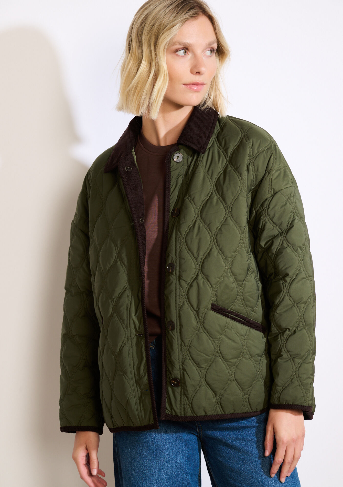 Quilted jacket corduroy collar, Quilted jacket corduroy collar - KHAKI MINT - 23000769_2542