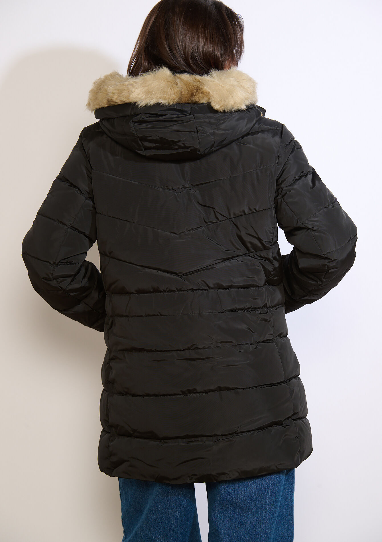 Gewatteerde jas met imitatiebontkap, Gewatteerde jas met imitatiebontkap - BLACK - 23000755_1119