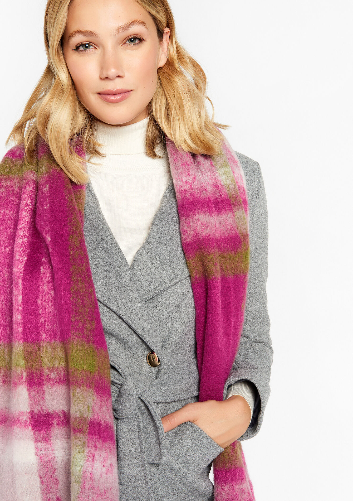 Geruite sjaal met franjes, Geruite sjaal met franjes - FUCHSIA - 1080200