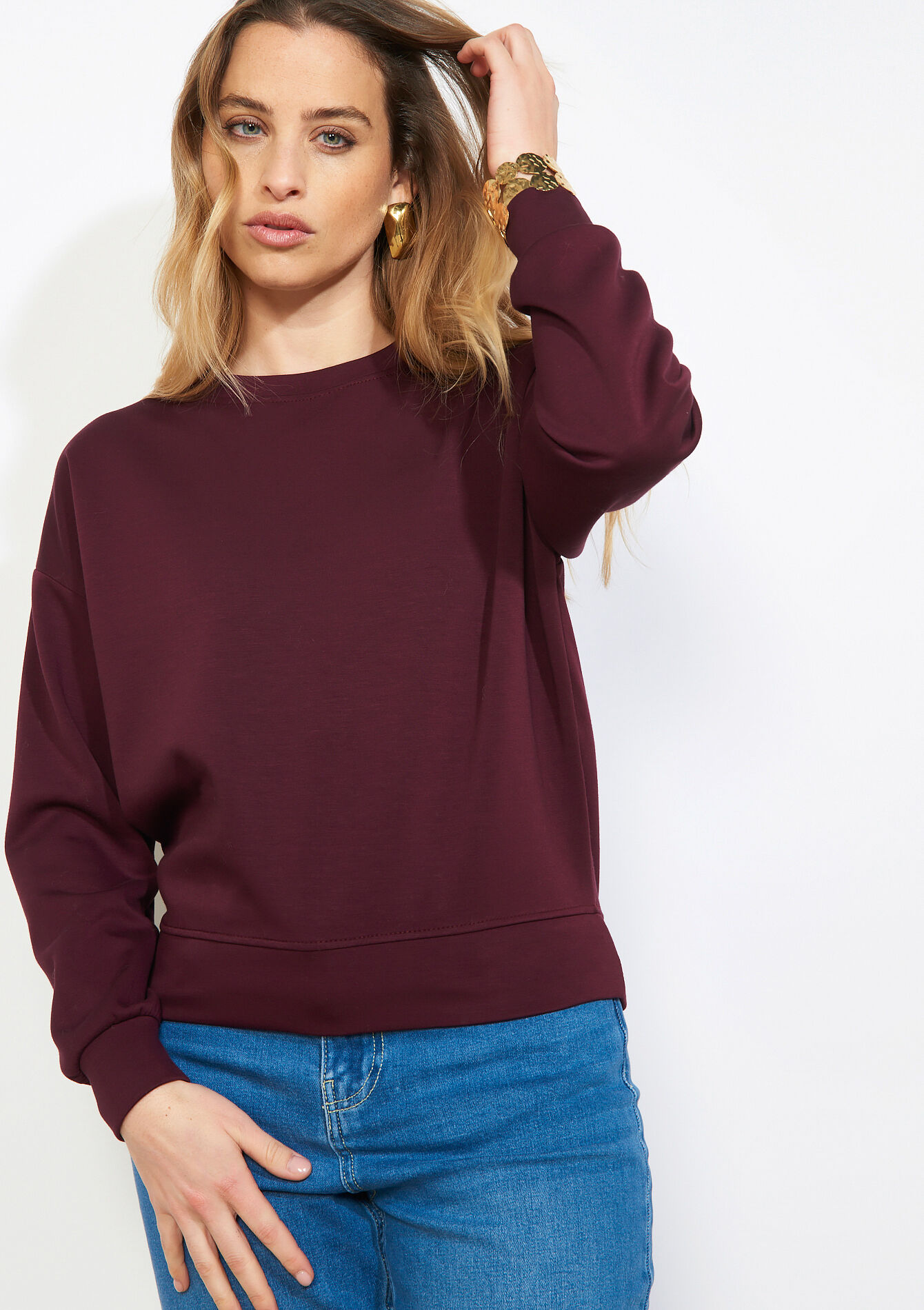 Comfortabele sweater met ronde hals - AUBERGINE - 15100422_1537