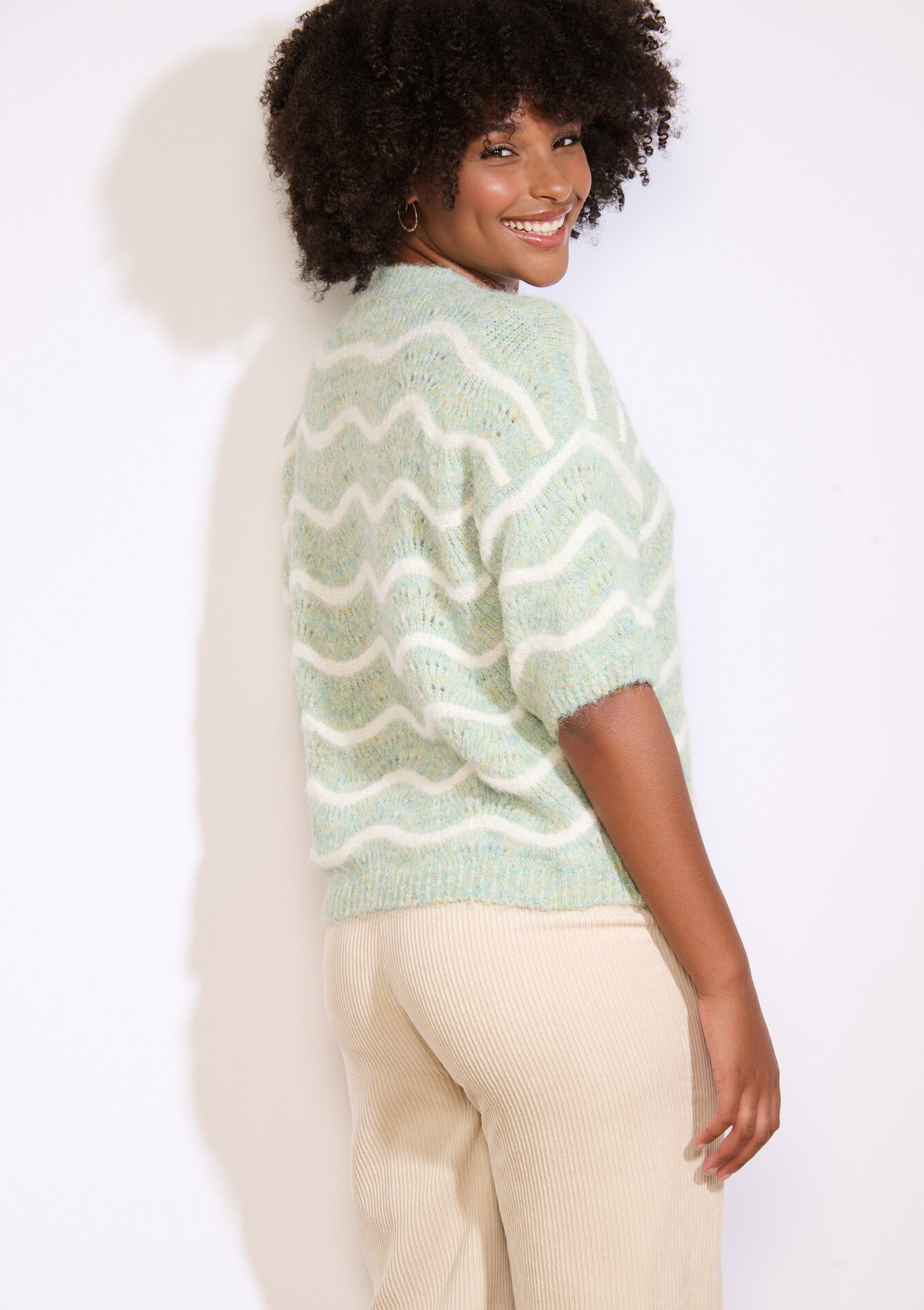 Pull manches courtes à vagues, Pull manches courtes à vagues - ALMOND GREEN - 04007039_1724