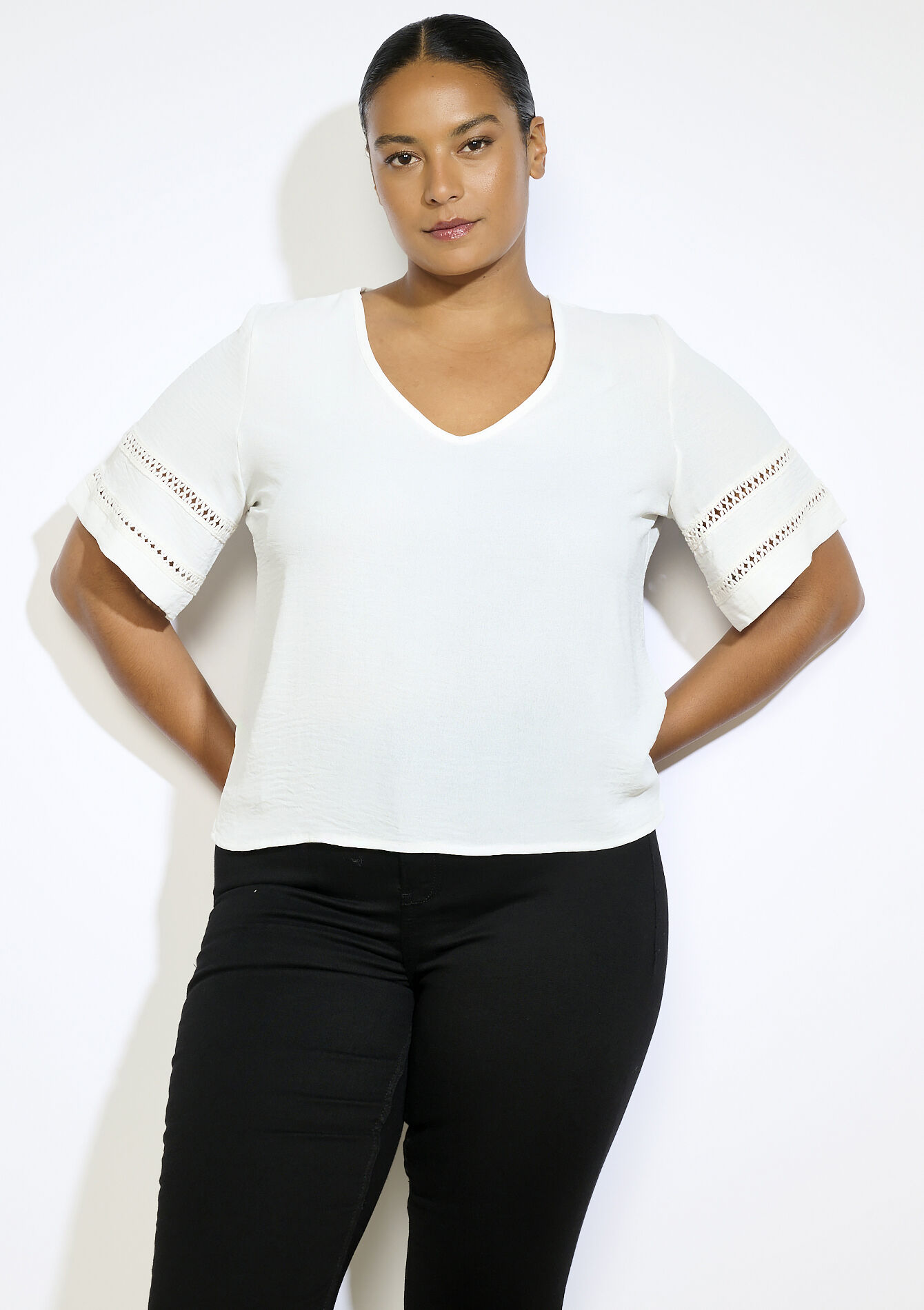 Blouse met opengewerkte mouwen, Blouse met opengewerkte mouwen - OPTICAL WHITE - 05702919_1019