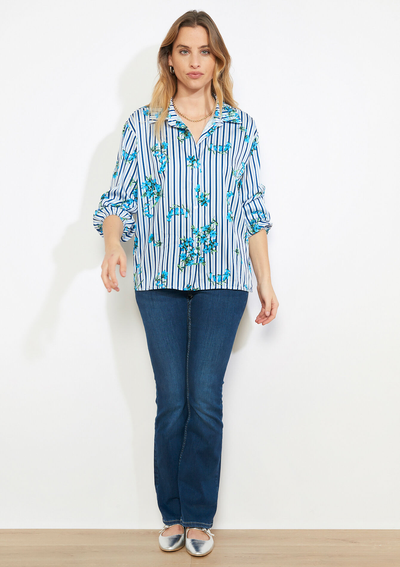 Gestreepte bloemenblouse - OPTICAL WHITE - 05703044_1019