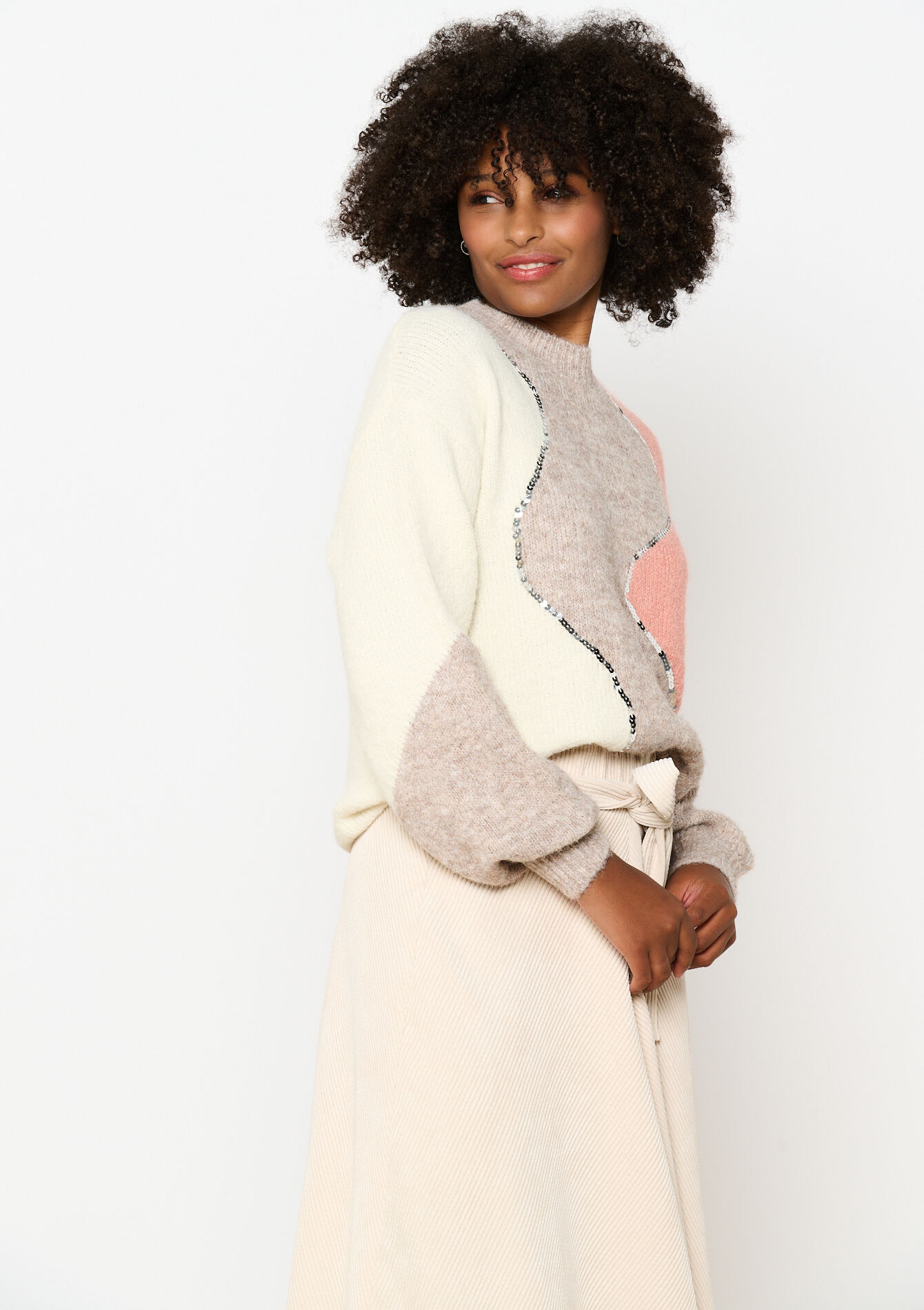 Sweater with zigzag and sequins, Sweater with zigzag and sequins - LIGHT TAUPE - 04006573