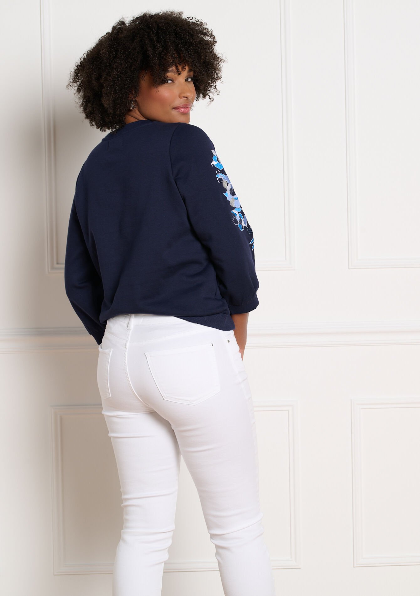 Sweat brodé manches fleuries - NAVY BASIC - 03001829_2723