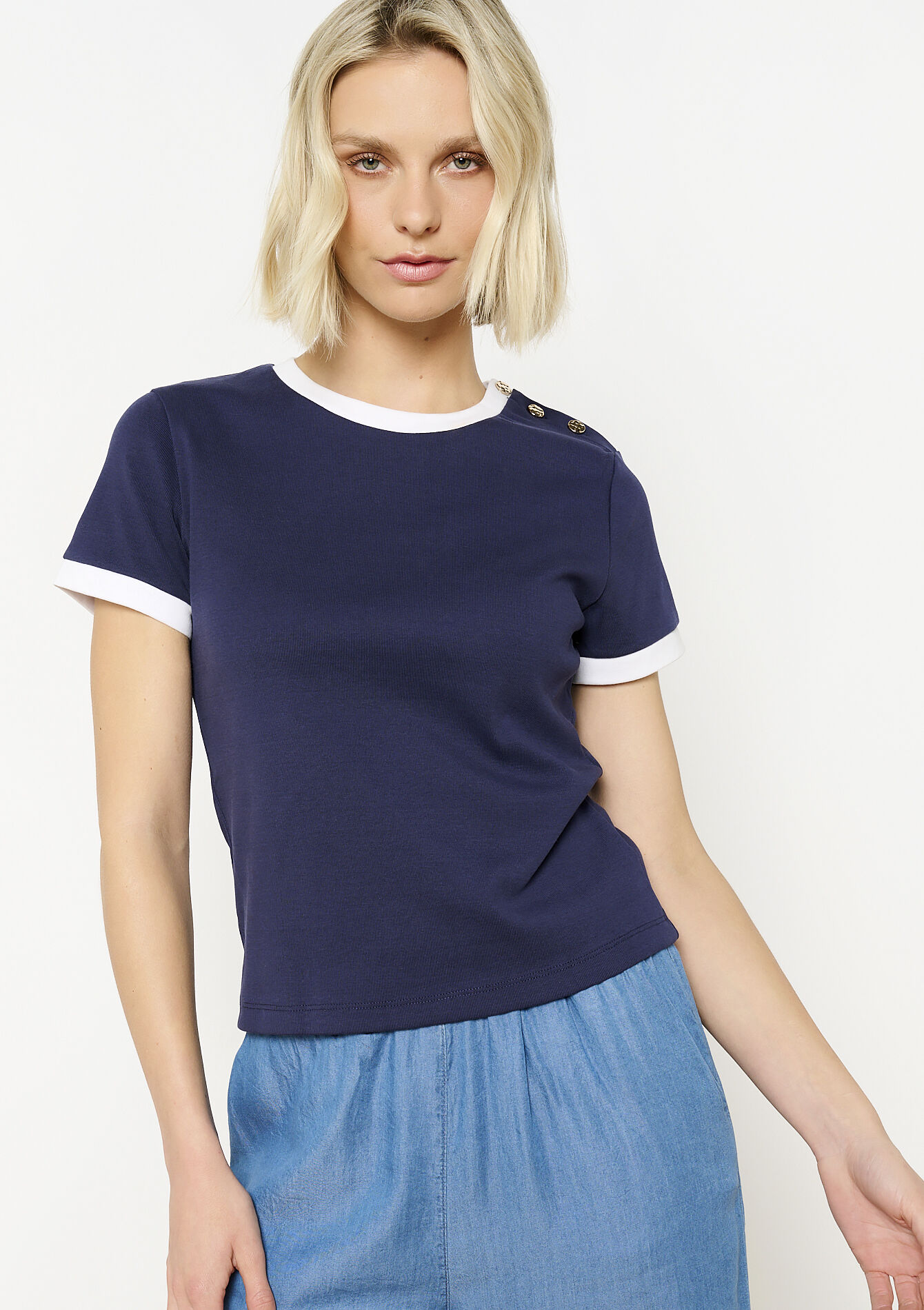 Contrast trim button t-shirt, Contrast trim button t-shirt - NAVY BASIC - 02301713_2723