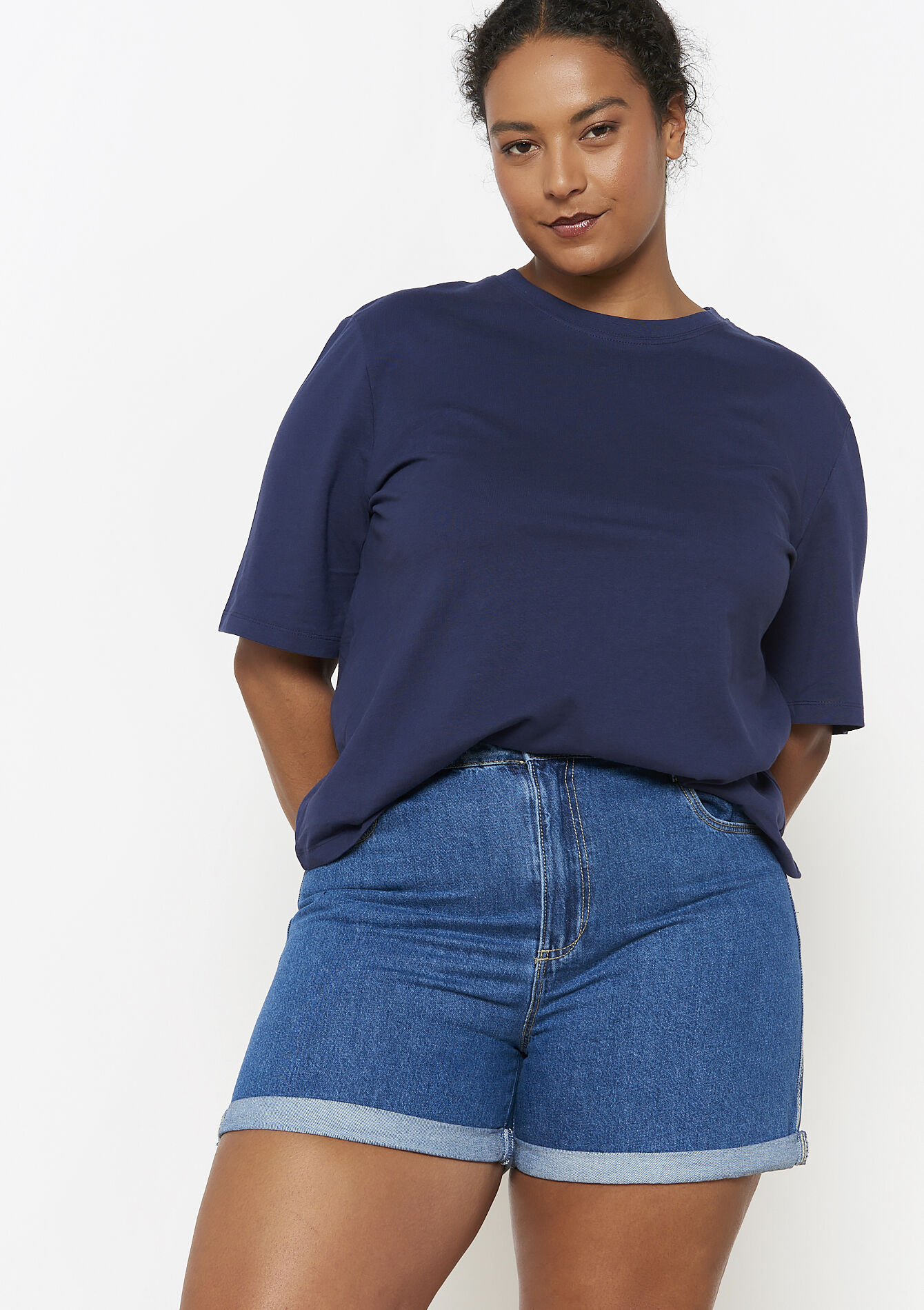 Denim short met hoge taille, Denim short met hoge taille - MEDIUM BLUE - 22000570_0500