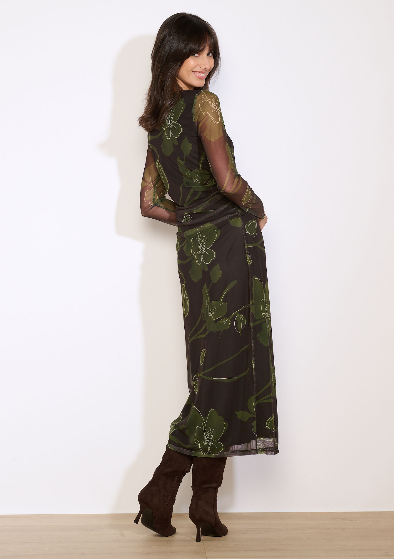 Robe longue en tulle imprimée, Robe longue en tulle imprimée - BROWN DARK CHOCOLATE - 08104395_3720