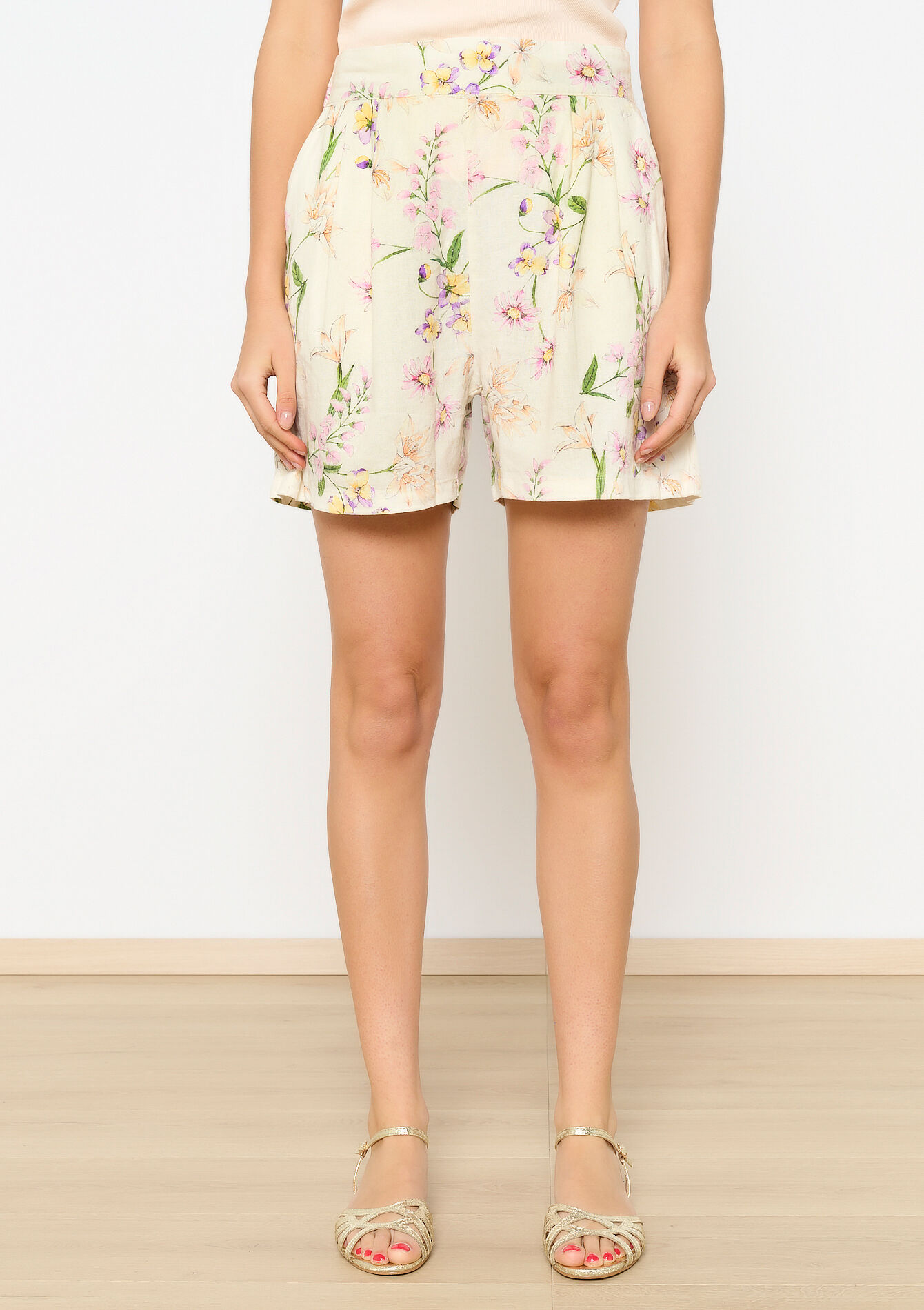 Short en lin à imprimé fleuri - OFFWHITE - 1091827
