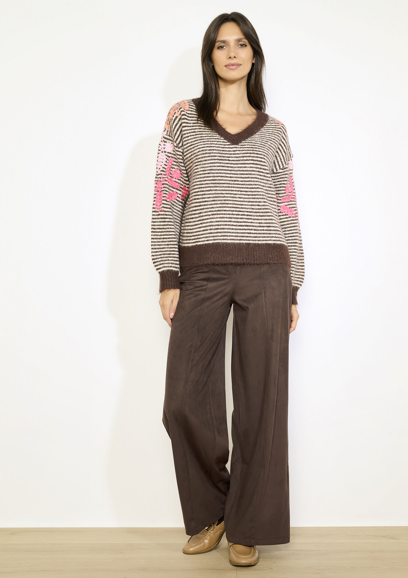 Striped embroidered knit, Striped embroidered knit - BROWN DARK CHOCOLATE - 04007063_3720