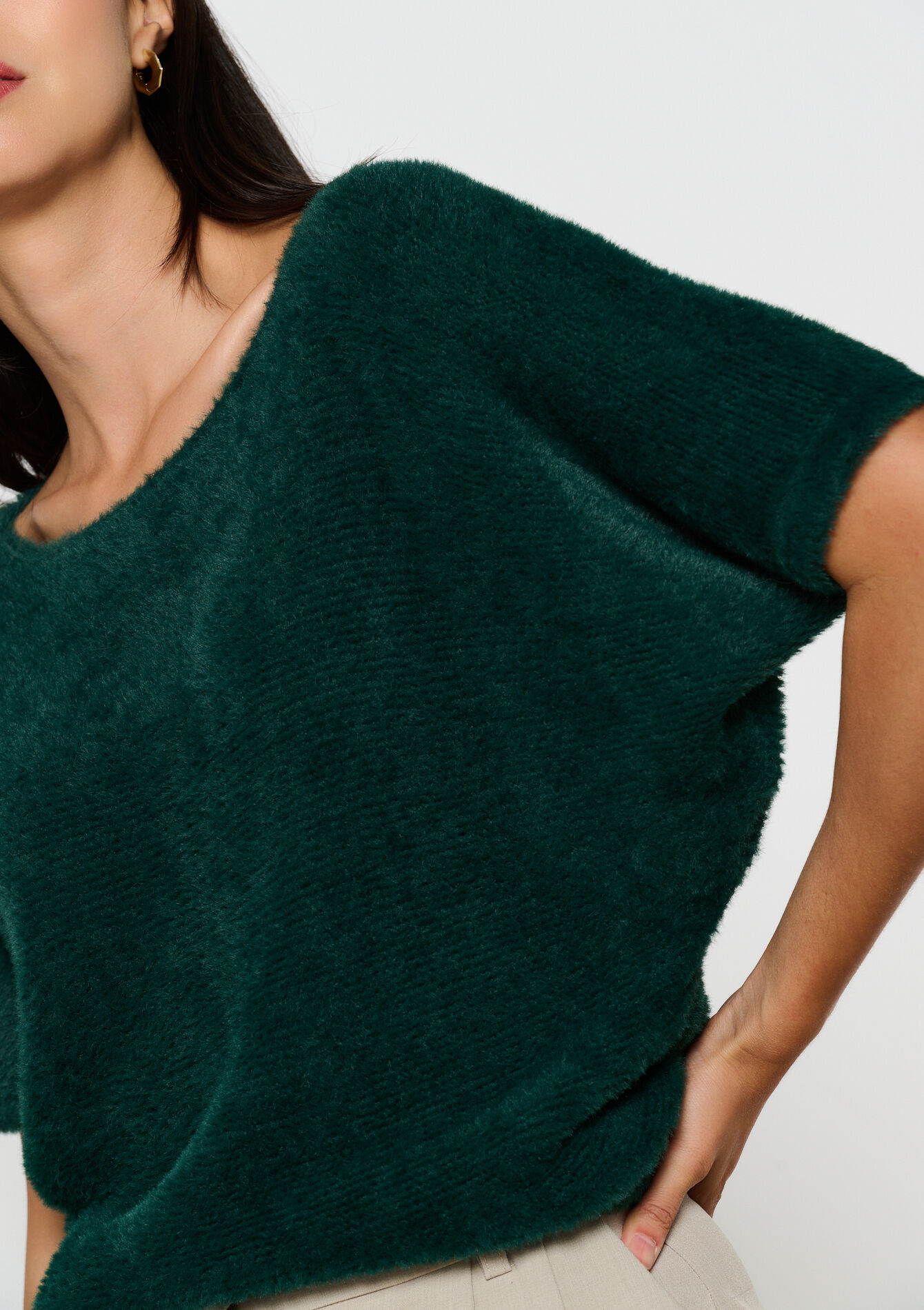 Pull à maille poilue à manches courtes - BOTTLE GREEN - 04006673_1778