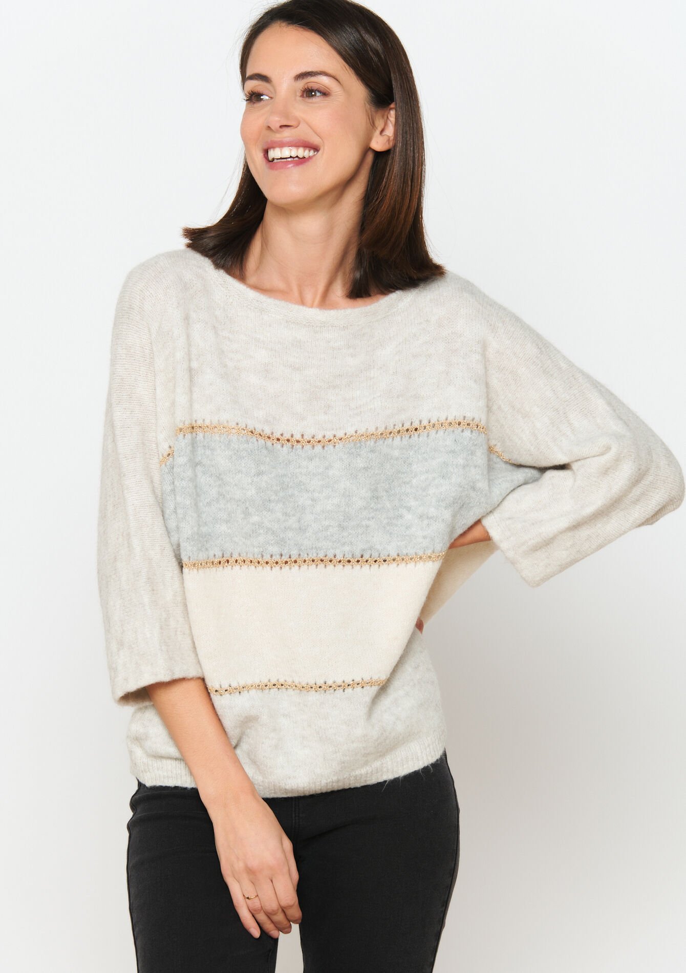 Pullover à blocs de couleur avec lurex - LT GREY MEL - 04006361_1081