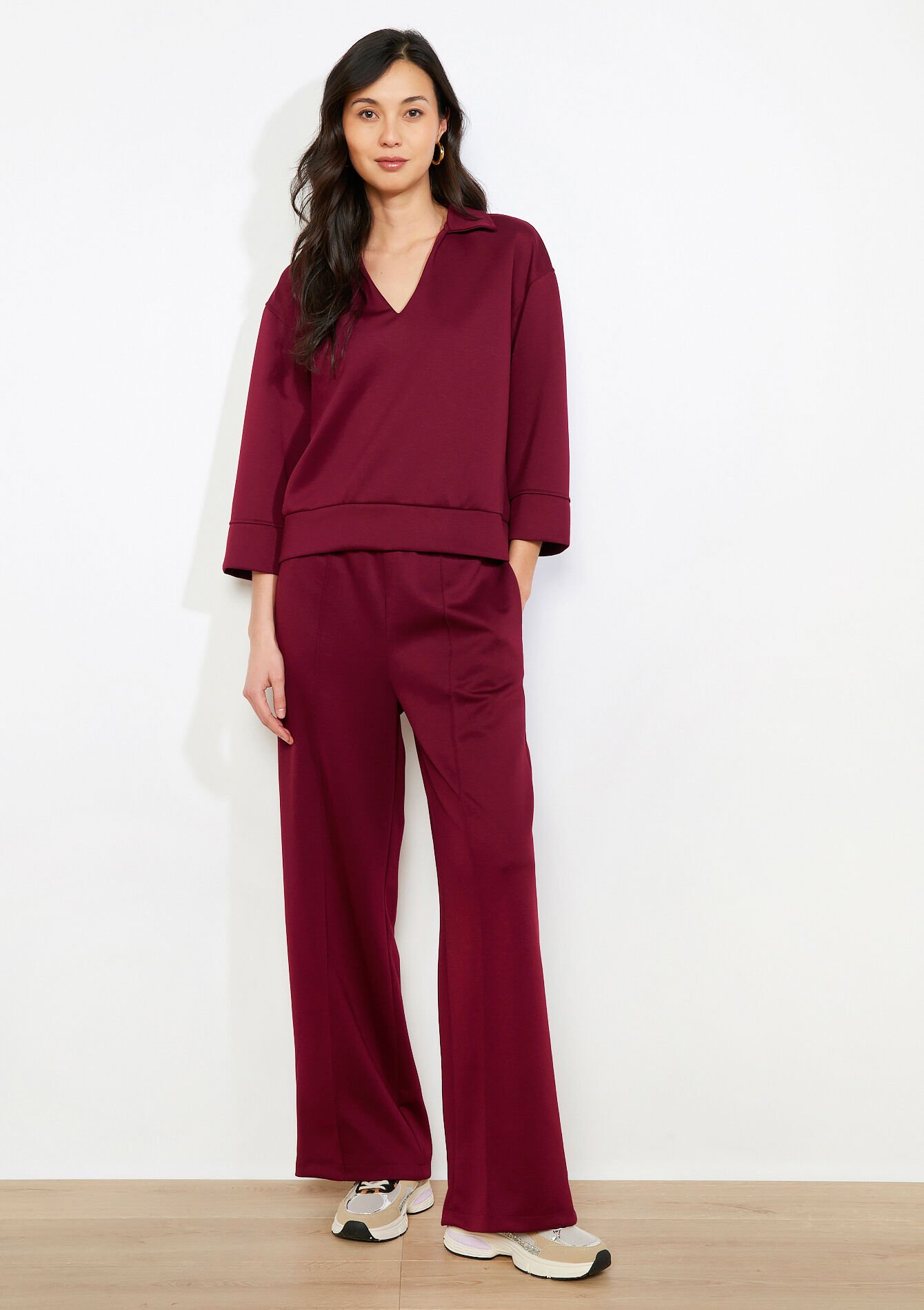 Structured V-neck sweatshirt - AUBERGINE - 15100424_1537