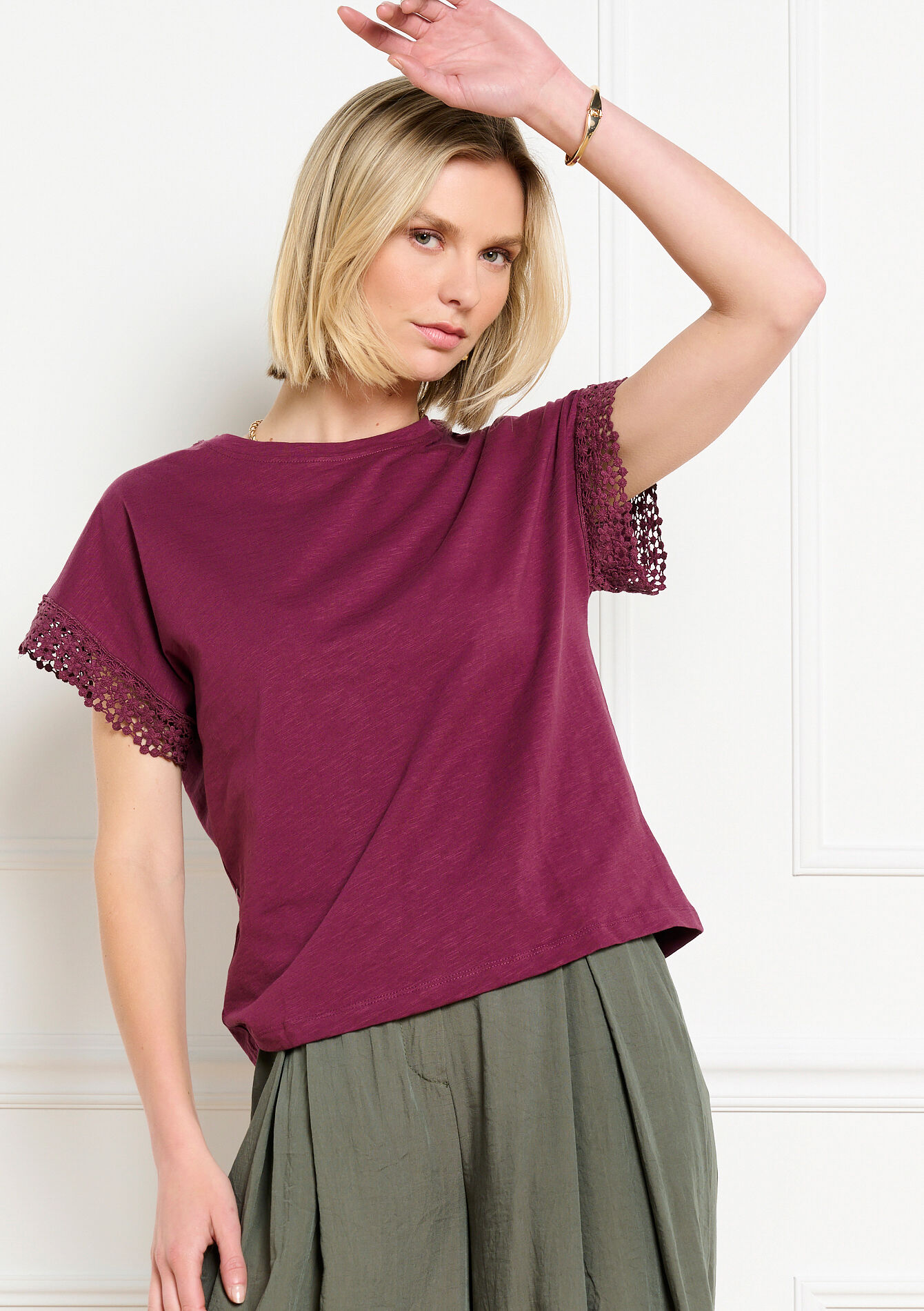 T-shirt met kanten mouwen - AUBERGINE - 02301939_1537