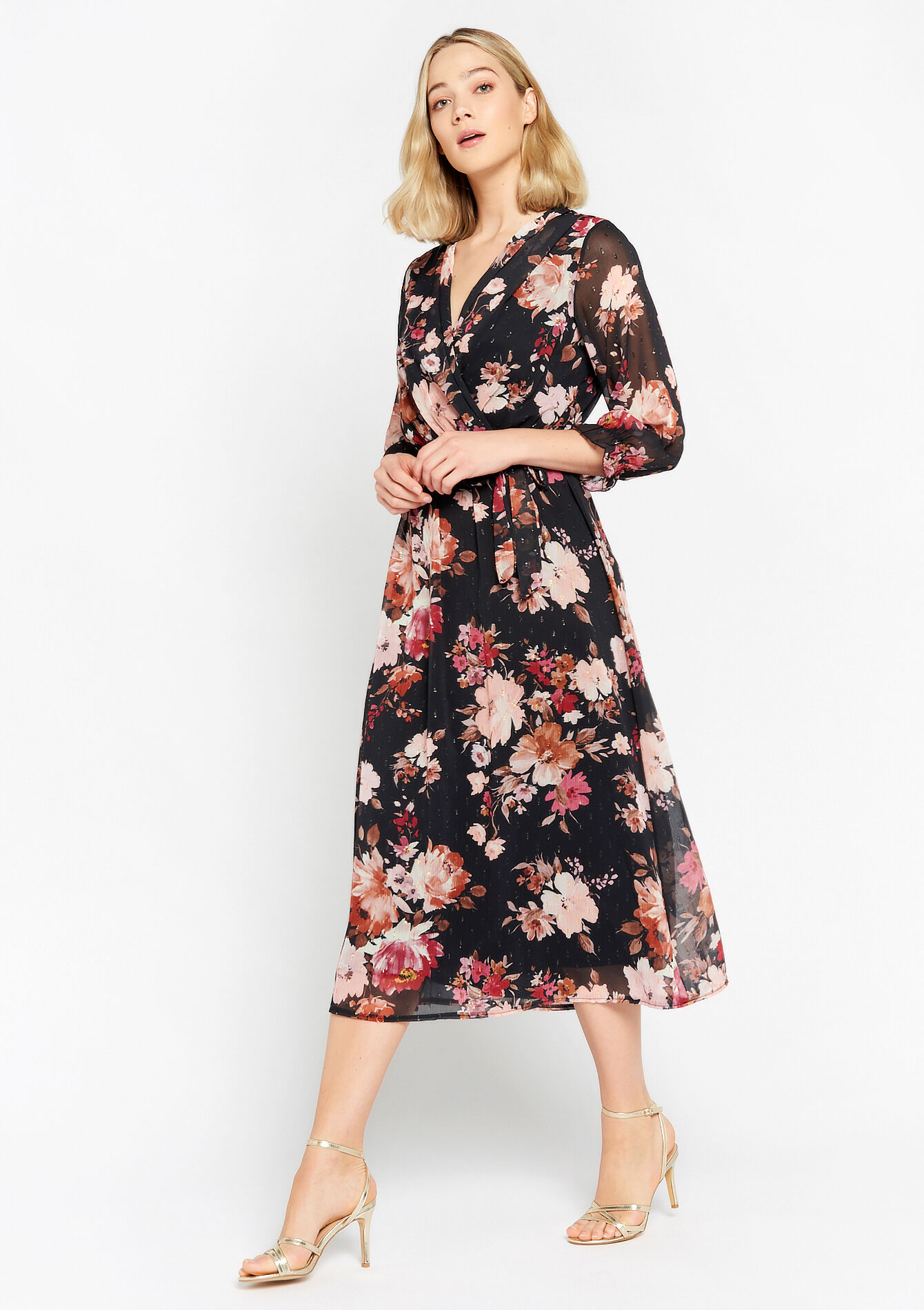 Wrap dress with floral print, Wrap dress with floral print - BLACK - 08601844_1119