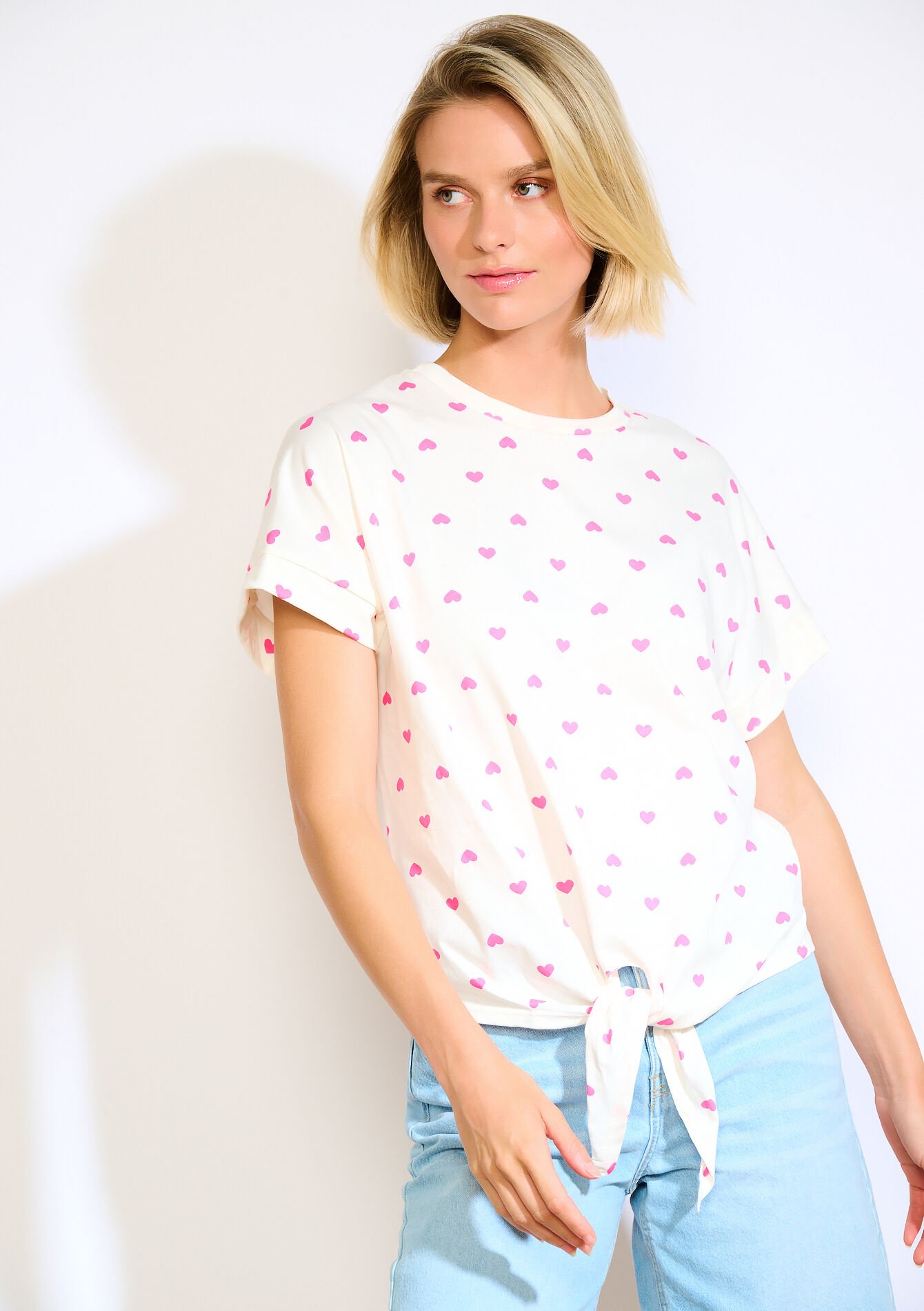 T-shirt met hartjes en knoop, T-shirt met hartjes en knoop - OFFWHITE - 02301874_1001