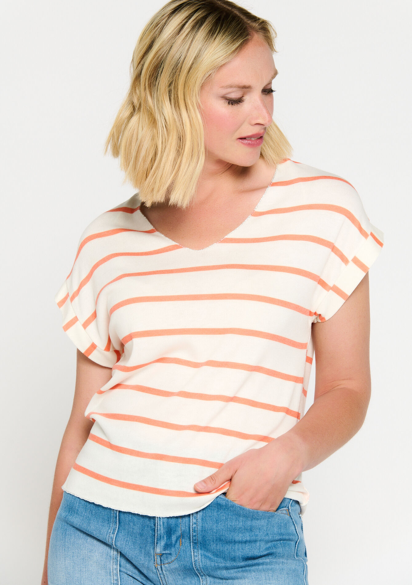 Gestreept T-shirt met opschrift - ORANGE BRIGHT - 02301427_1255